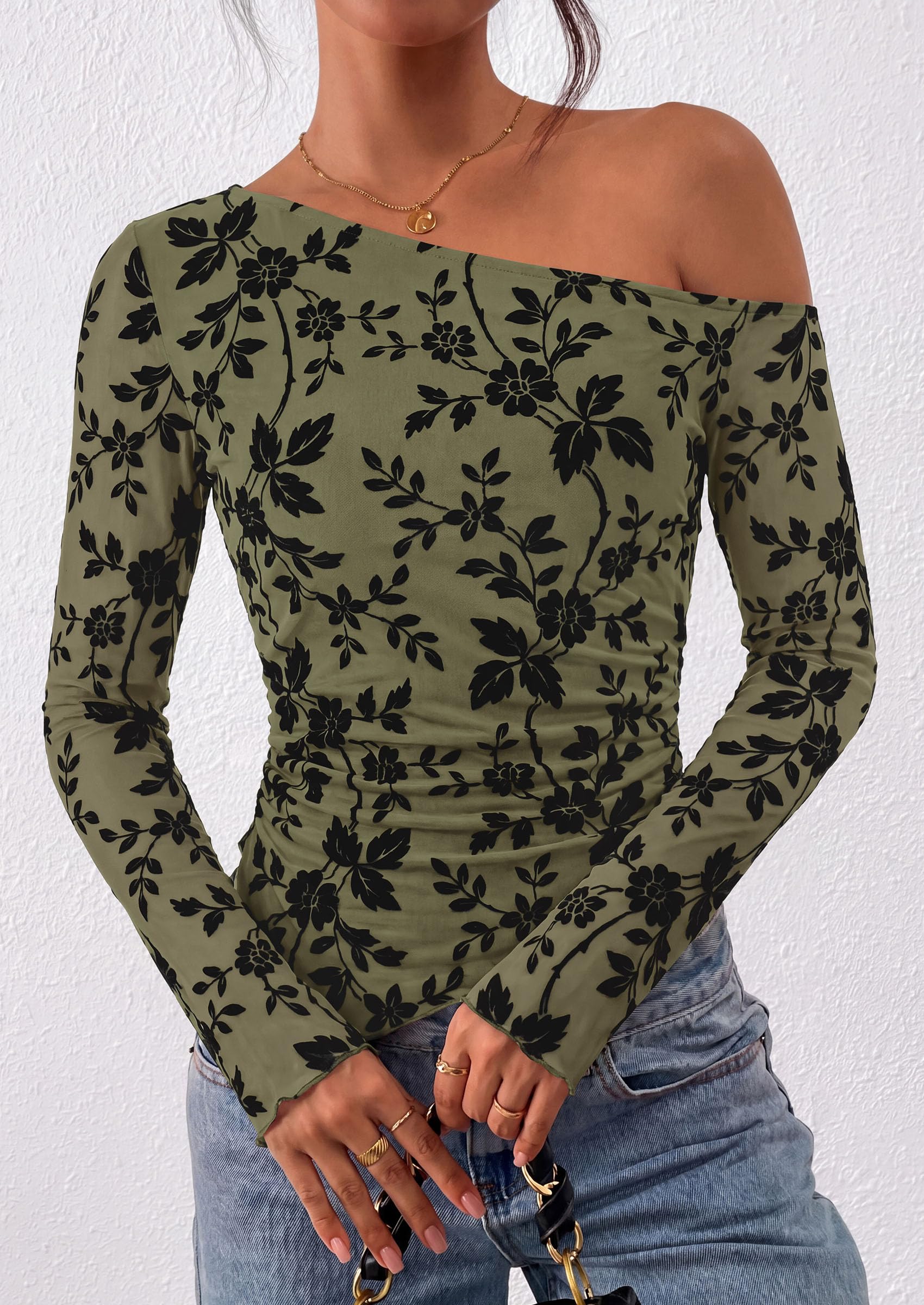 Womens Off Shoulder Mesh Y2k Tops,Army Green,XS