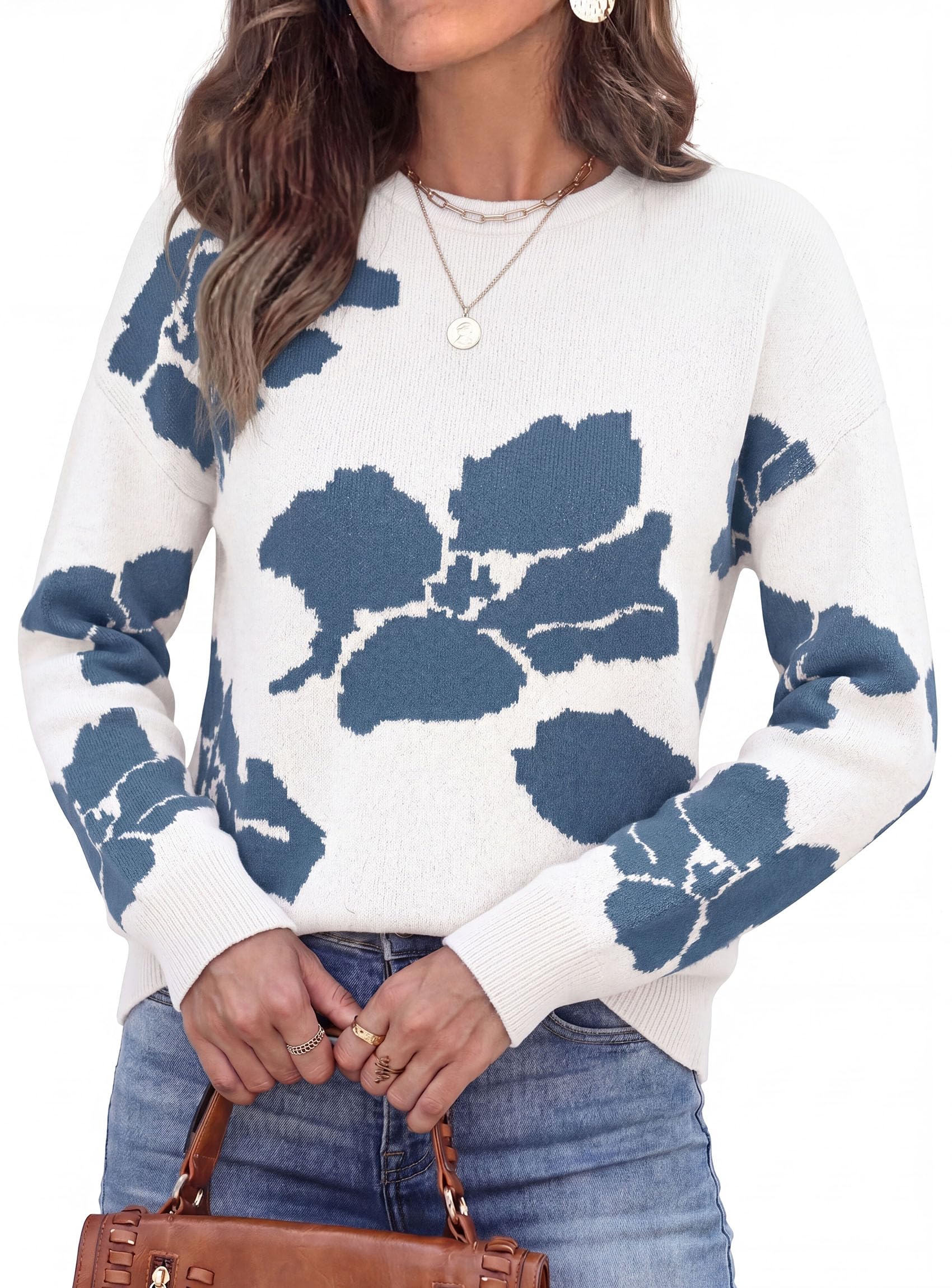 Womens Floral Sweater Crewneck Printed Pullover Tops