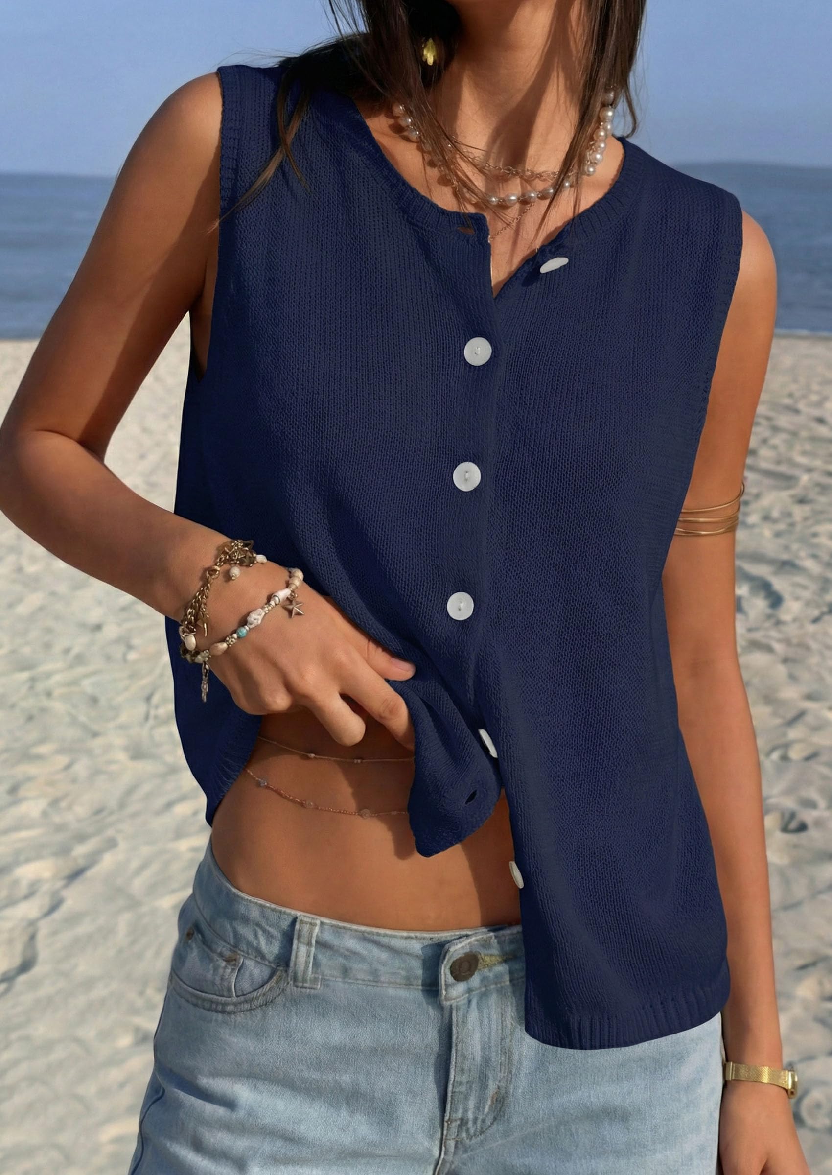 Women's Summer Button Up Sweater Vest Tops,Navy Blue,S