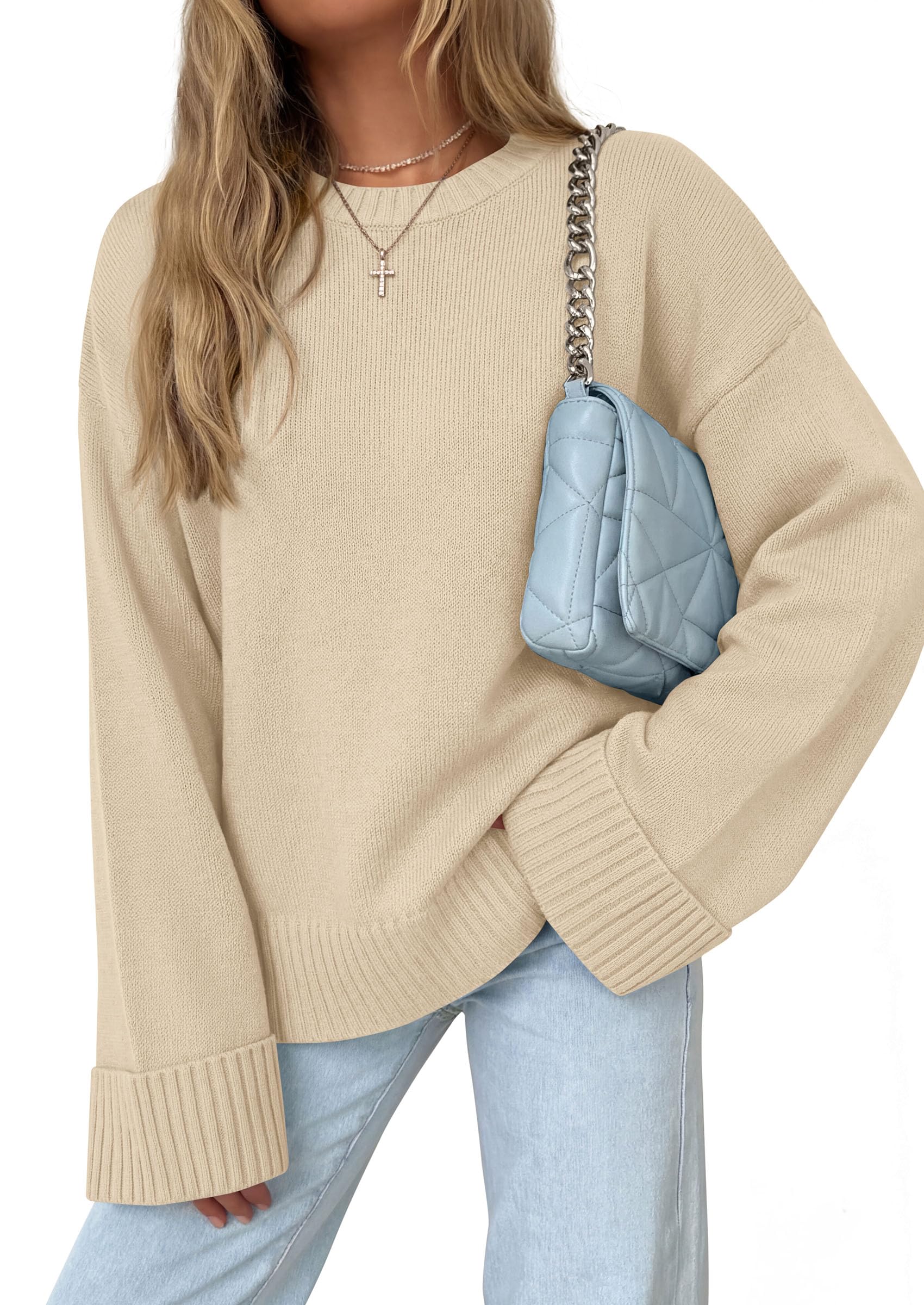Oversized Sweater Women's Crewneck Long Sleeve Tops Beige