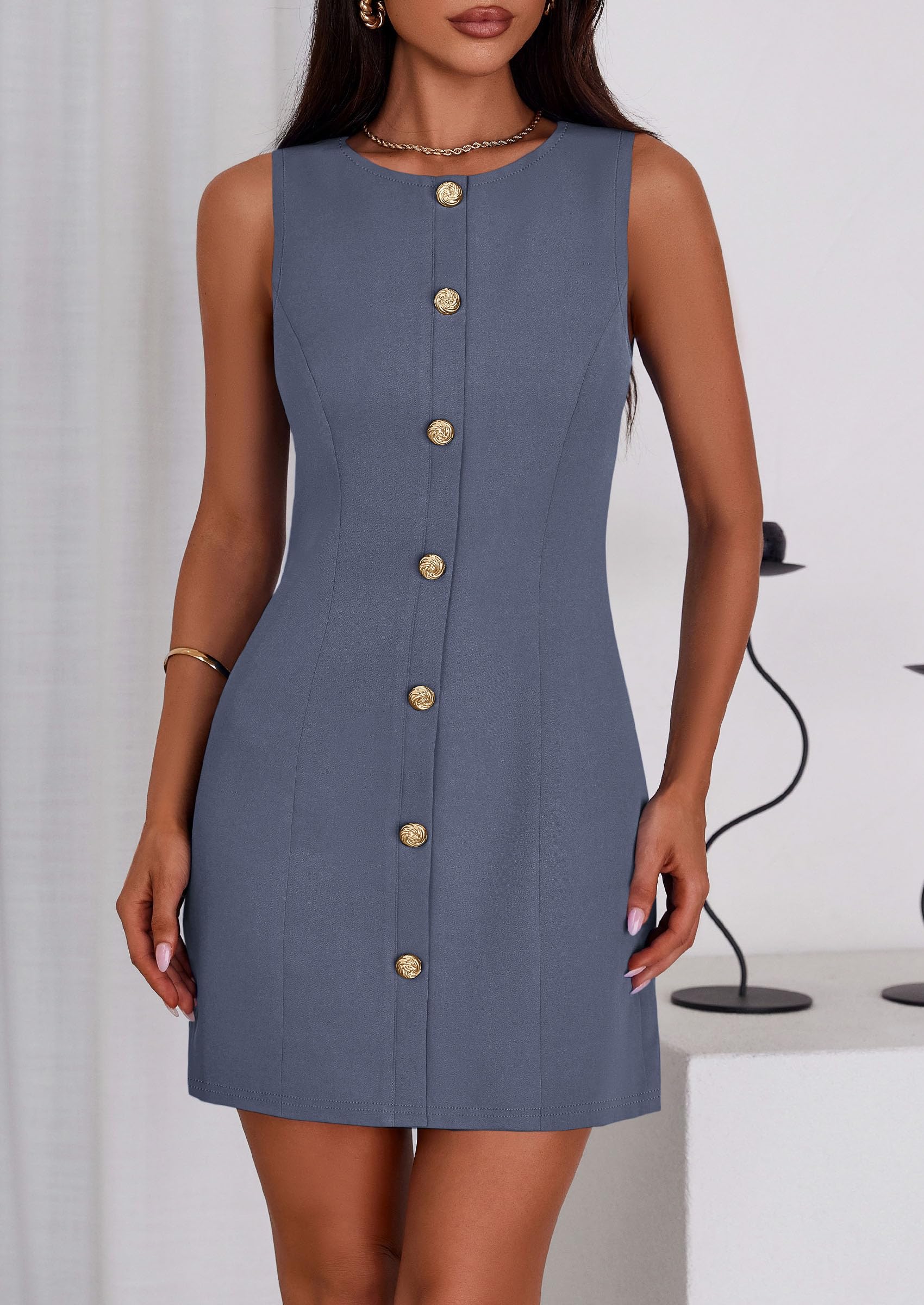 Women Business Casual Cocktail Work Short Dress,Grey Blue,S