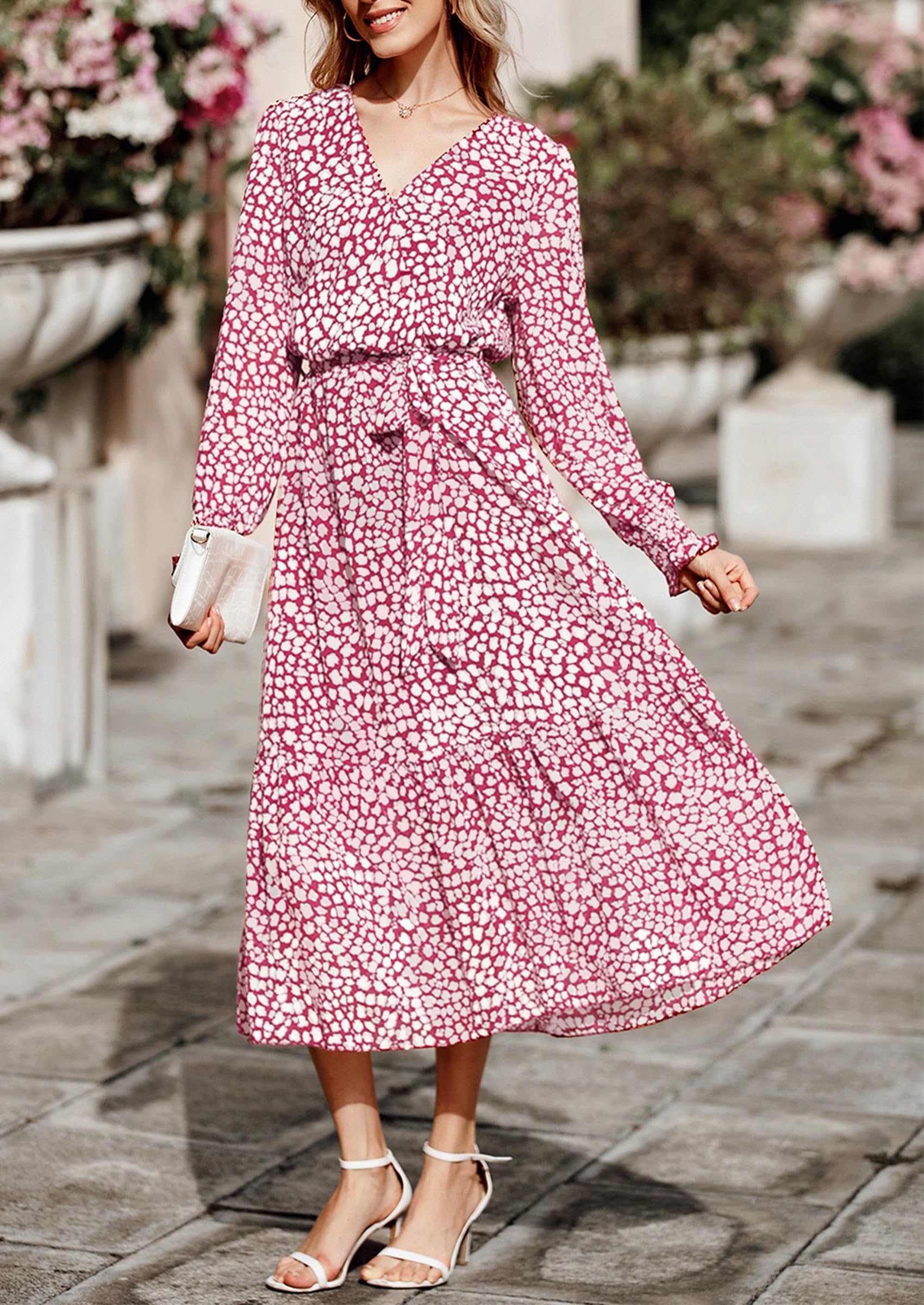 Women's Floral Boho Long Sleeve Maxi Dress, Wine Red,S