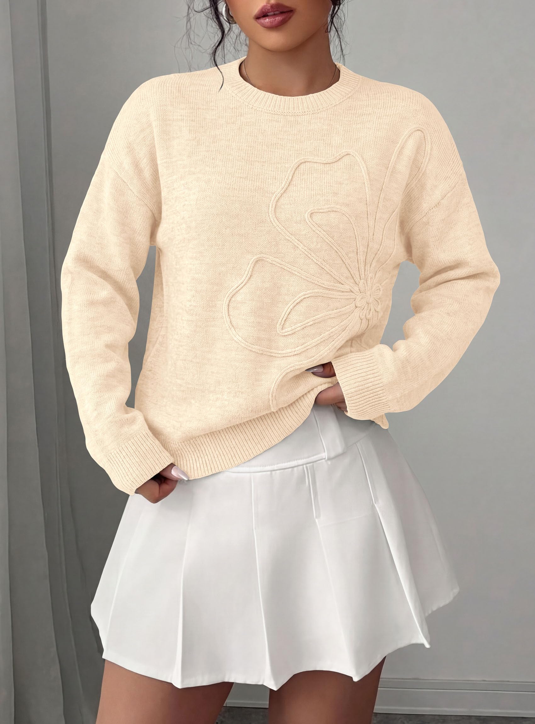 Sweaters for Women Fall Fashion Embroidered Floral Knit Tops