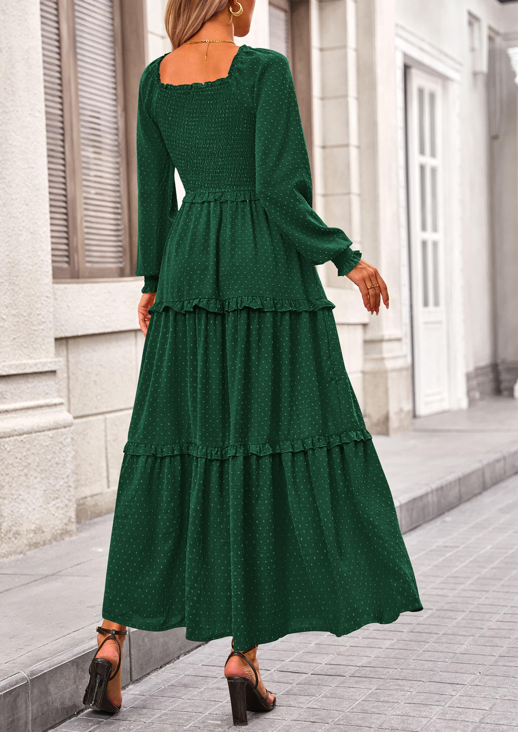 Women's Smocked Long Sleeve Maxi Dress Wedding Guest Dresses