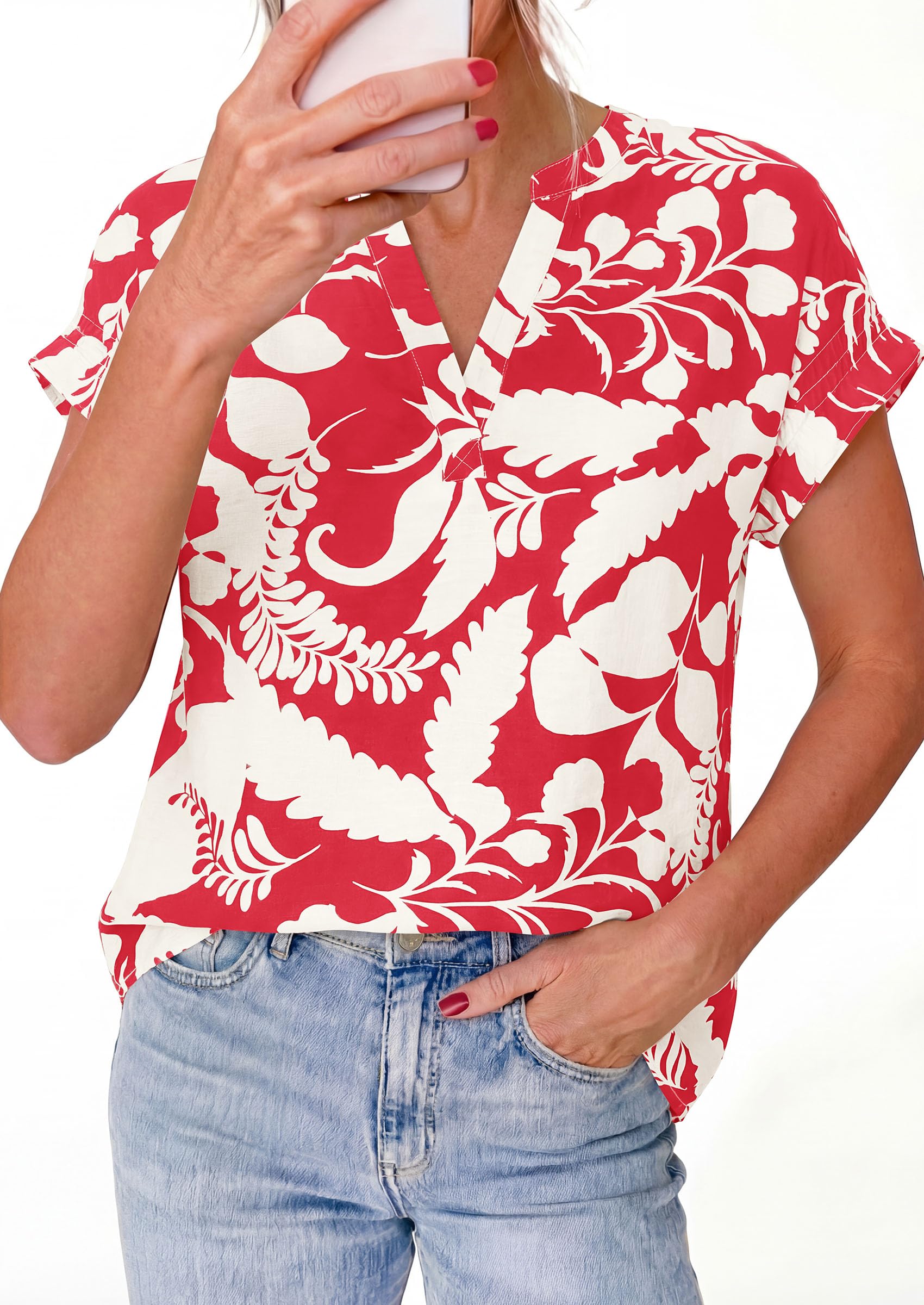 Womens Floral Short Sleeve Blouses,Floral Red White,S