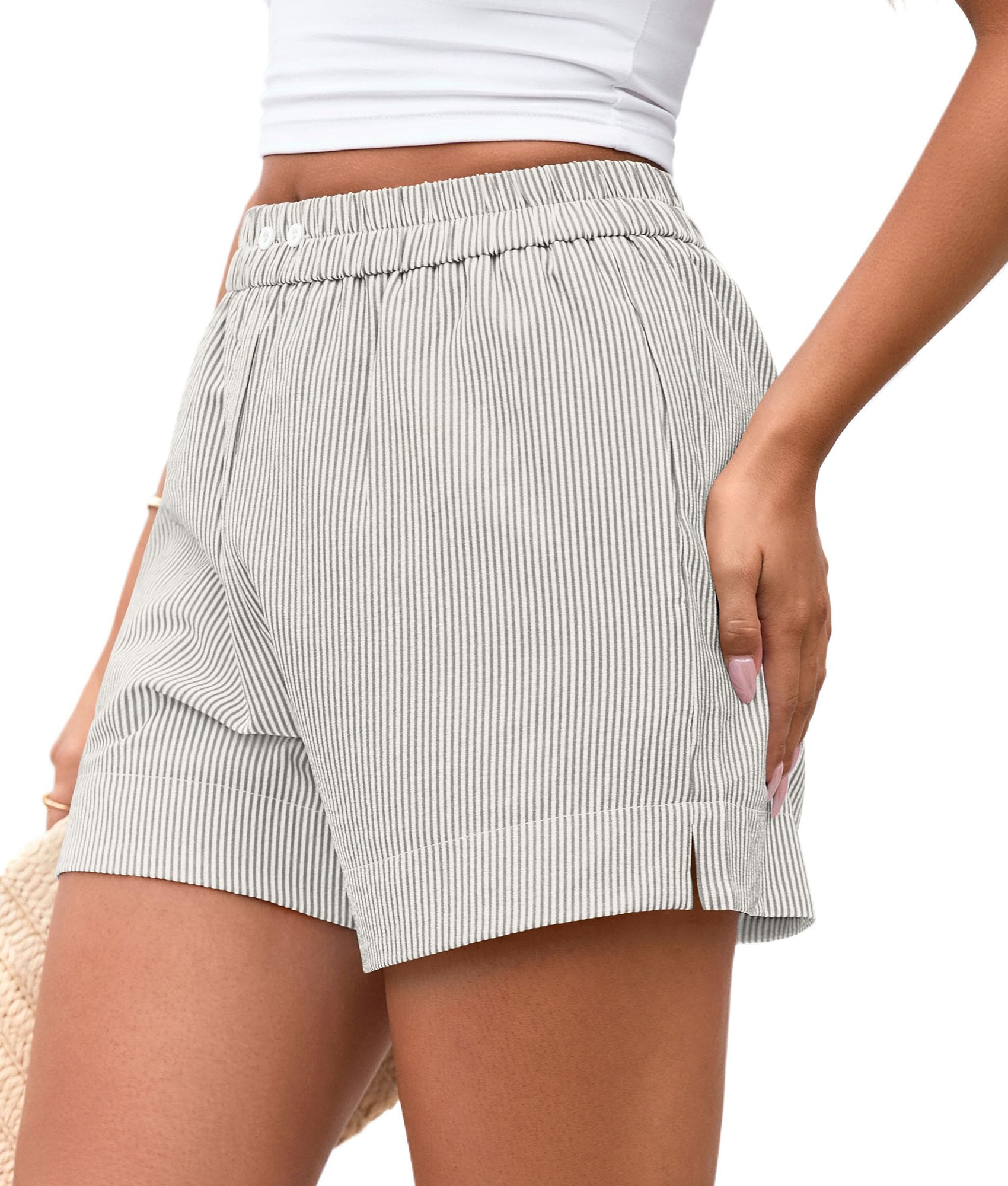 Women Summer Striped Boxer Shorts, Striped Grey Blue White,S