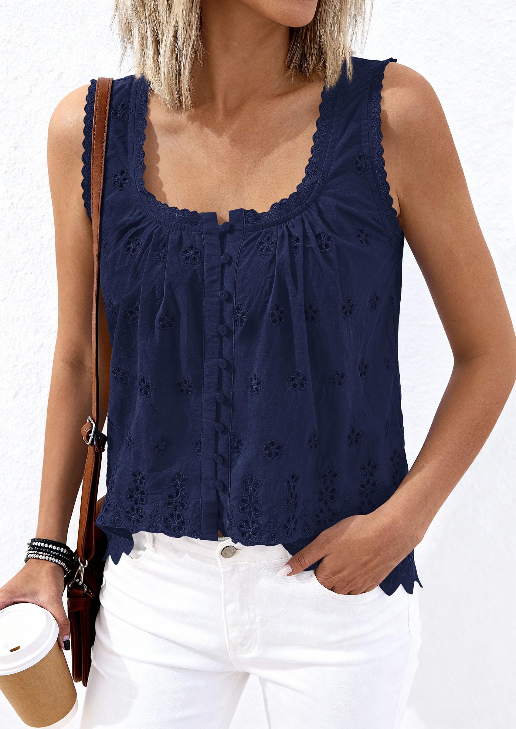 Women's Lace Tank Top Embroidery Eyelet Blouses,Navy Blue,S
