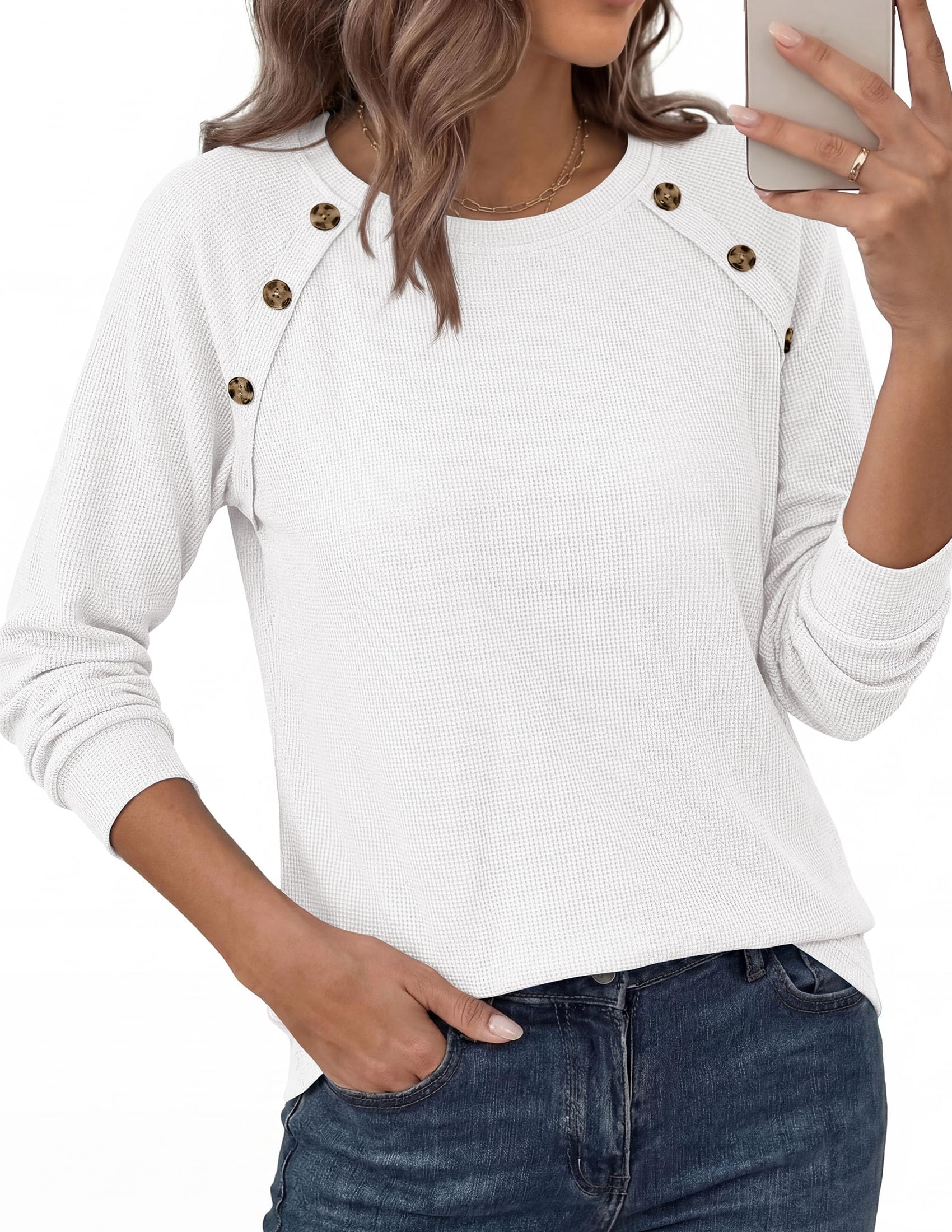 Fall Long Sleeve Waffle Knit Shirts for Women Loose Tunic Tops