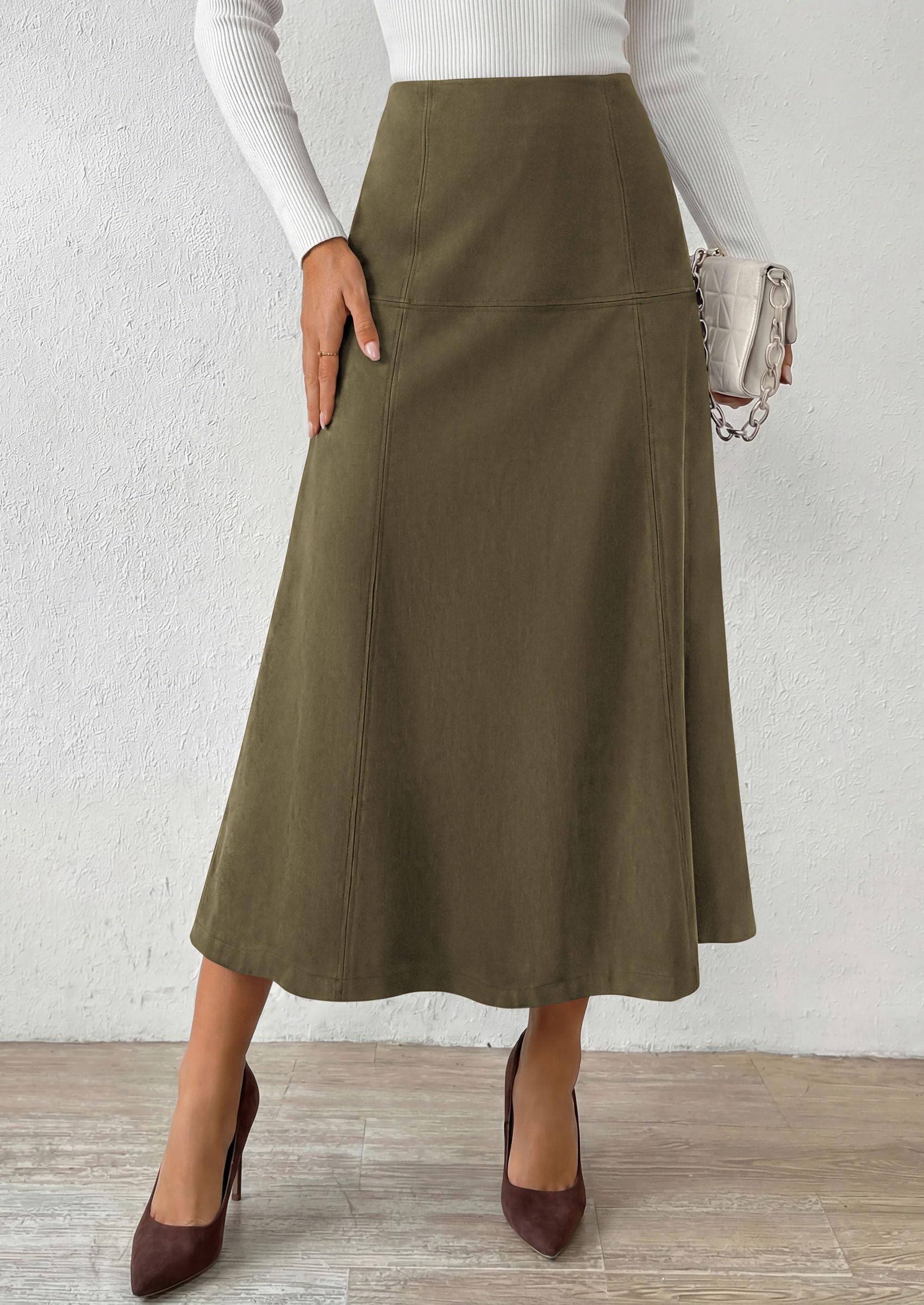 Womens High Waist Faux Suede A Line Midi Skirt,Army Green,S
