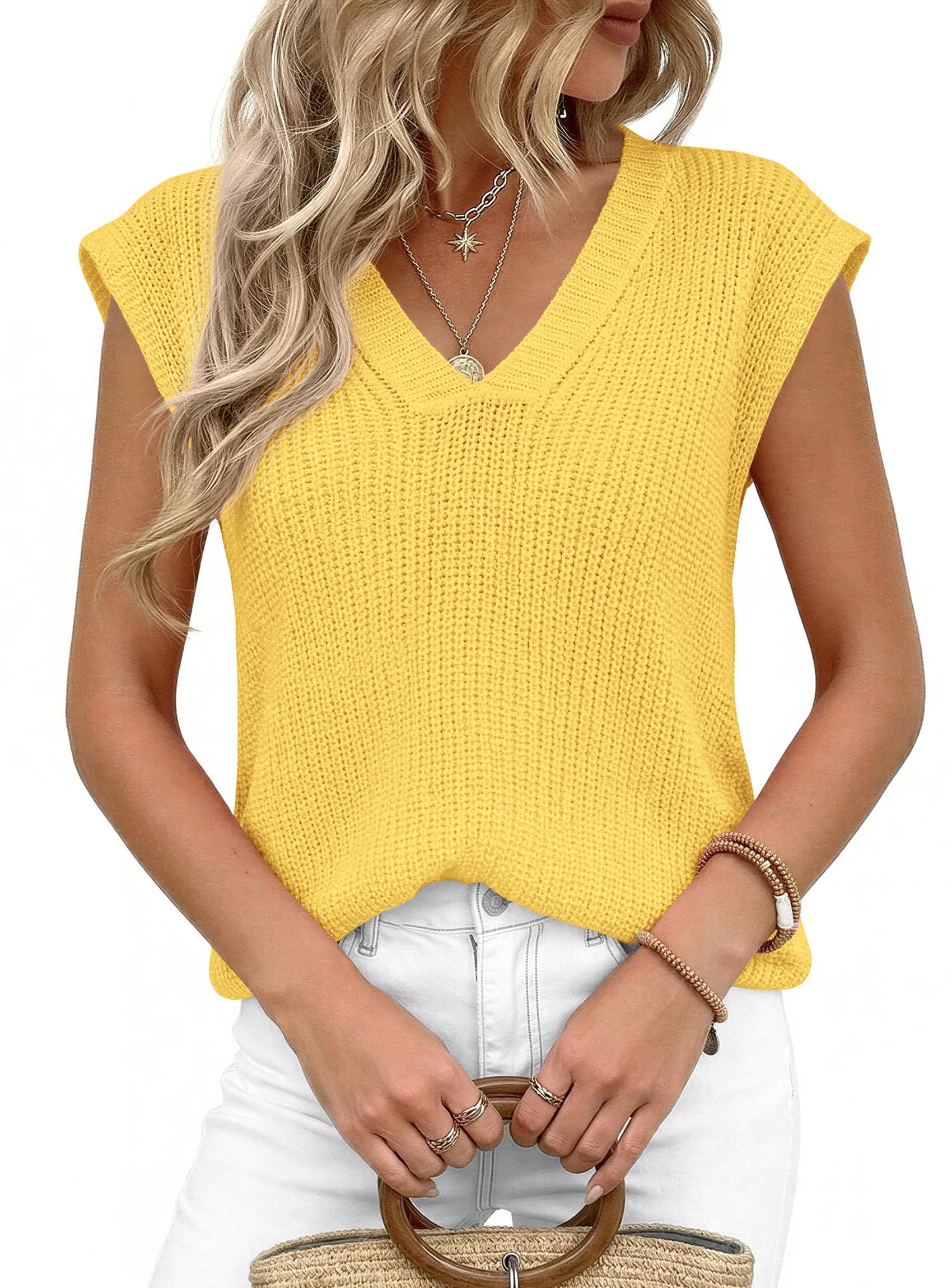 Women's Cap Sleeve Sweaters Vest Summer Tops (Yellow,S)