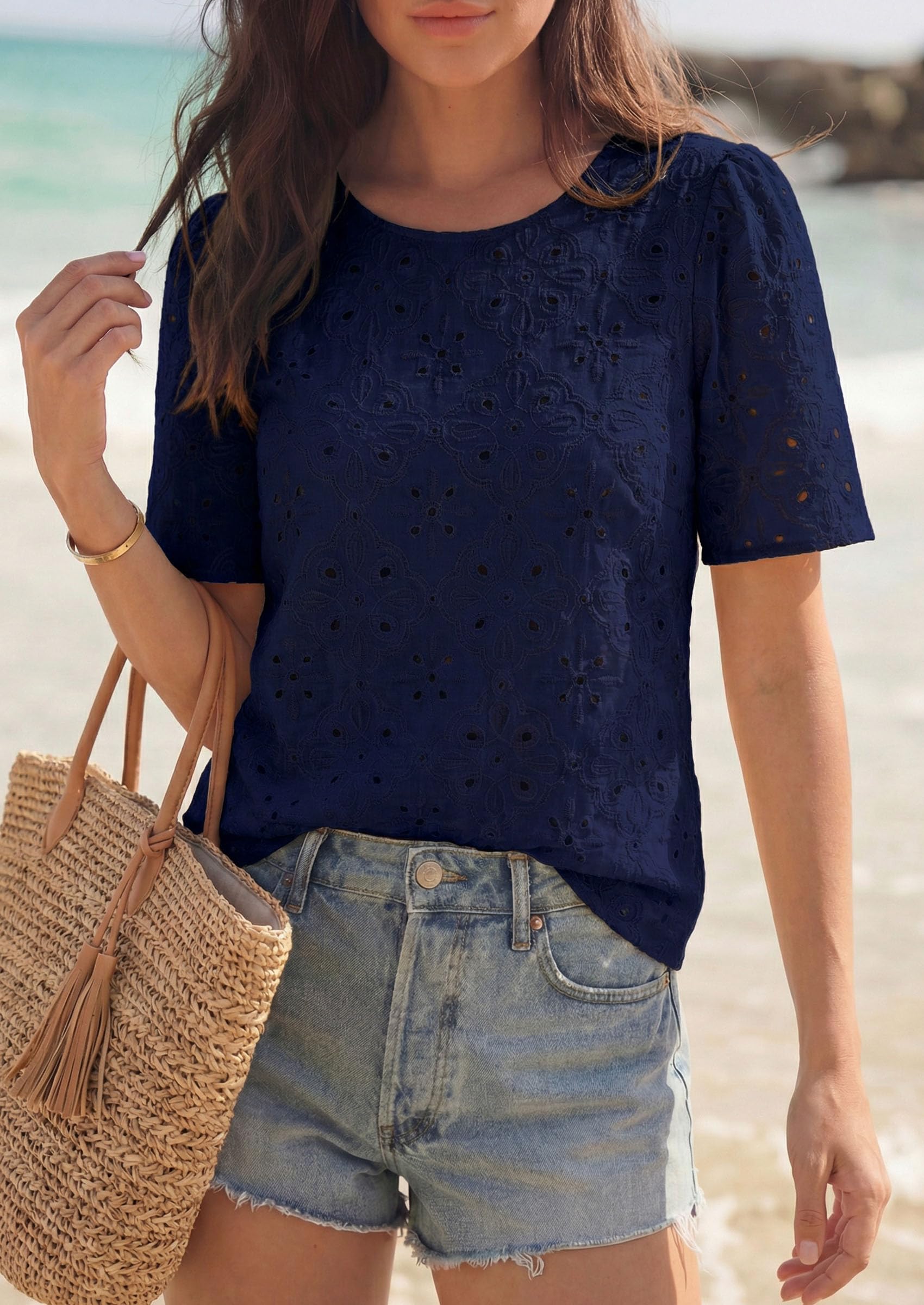 Women's Embroidered Eyelet Short Sleeve Blouse, Navy Blue,XS