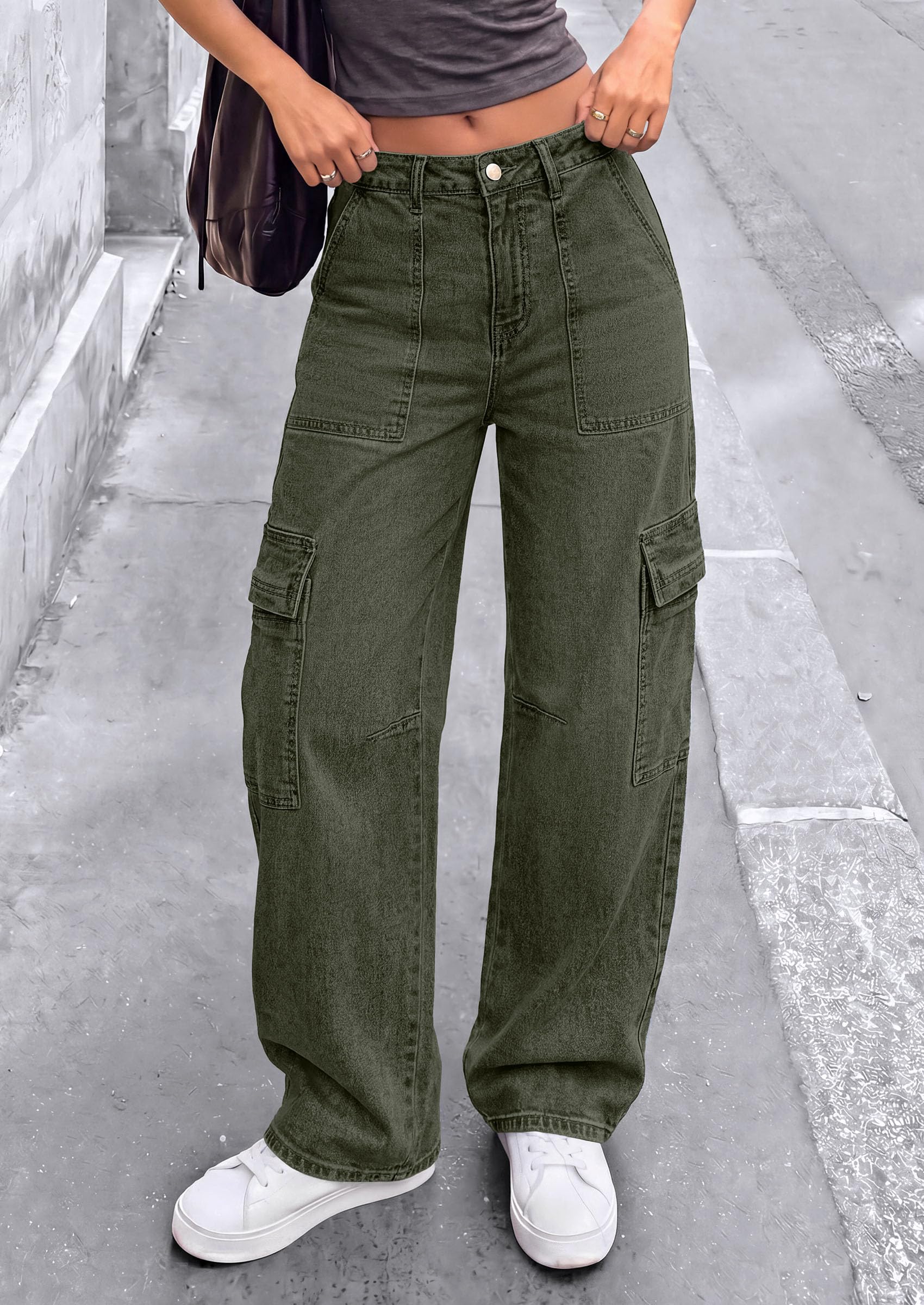 Barrel Pants Women Wide Leg Baggy Denim Jeans Army Green,4