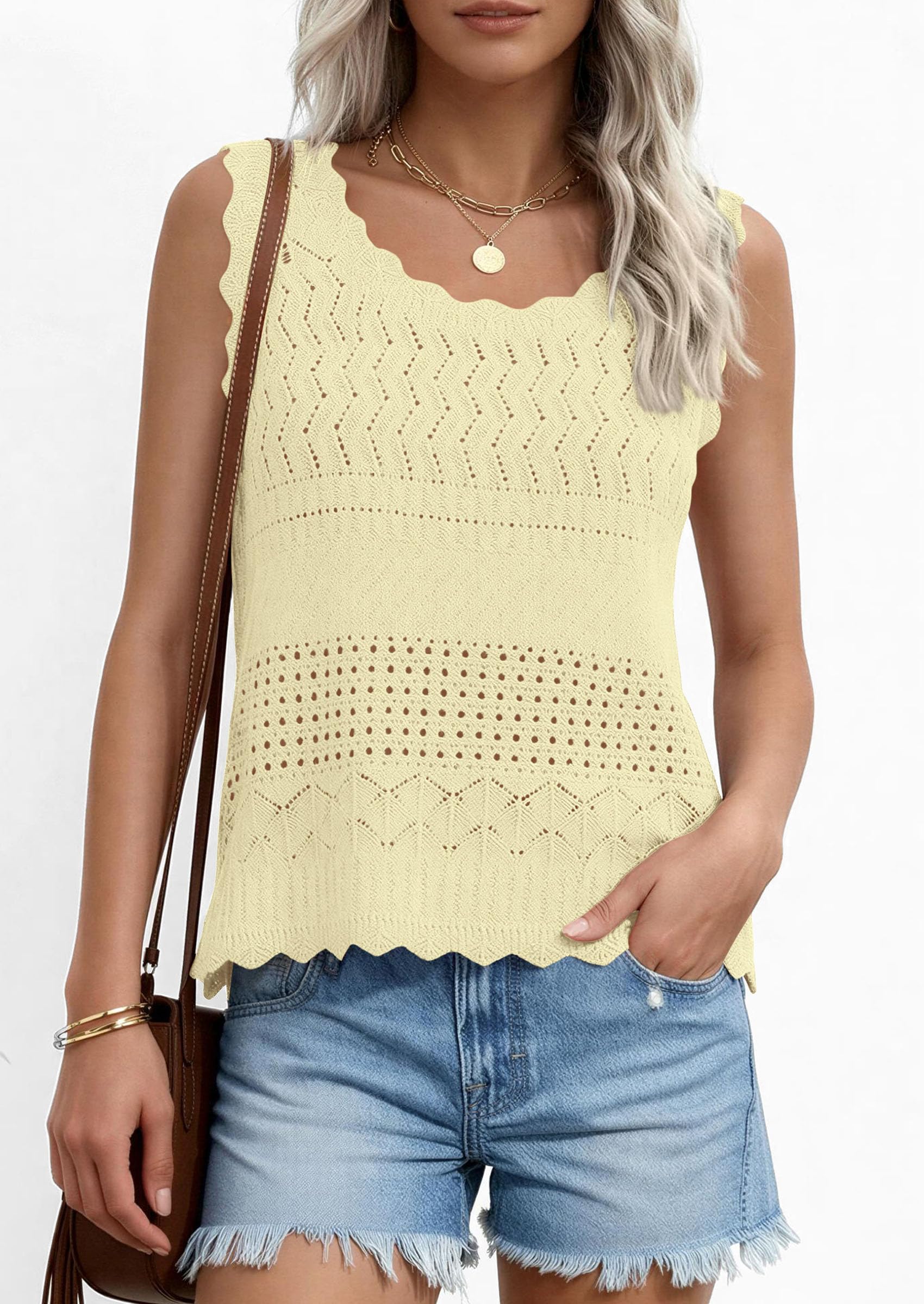 Womens Crochet Tank Tops Knit Sleeveless Vest,Yellow,S