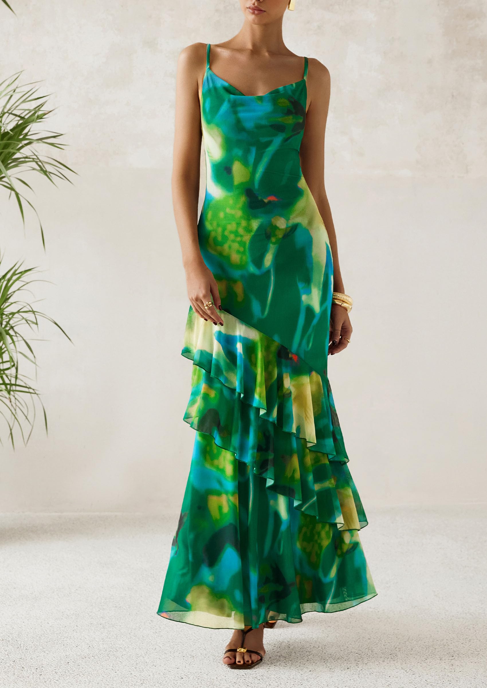 Women's Boho Floral Tiered Maxi Dress, Print Green,XS