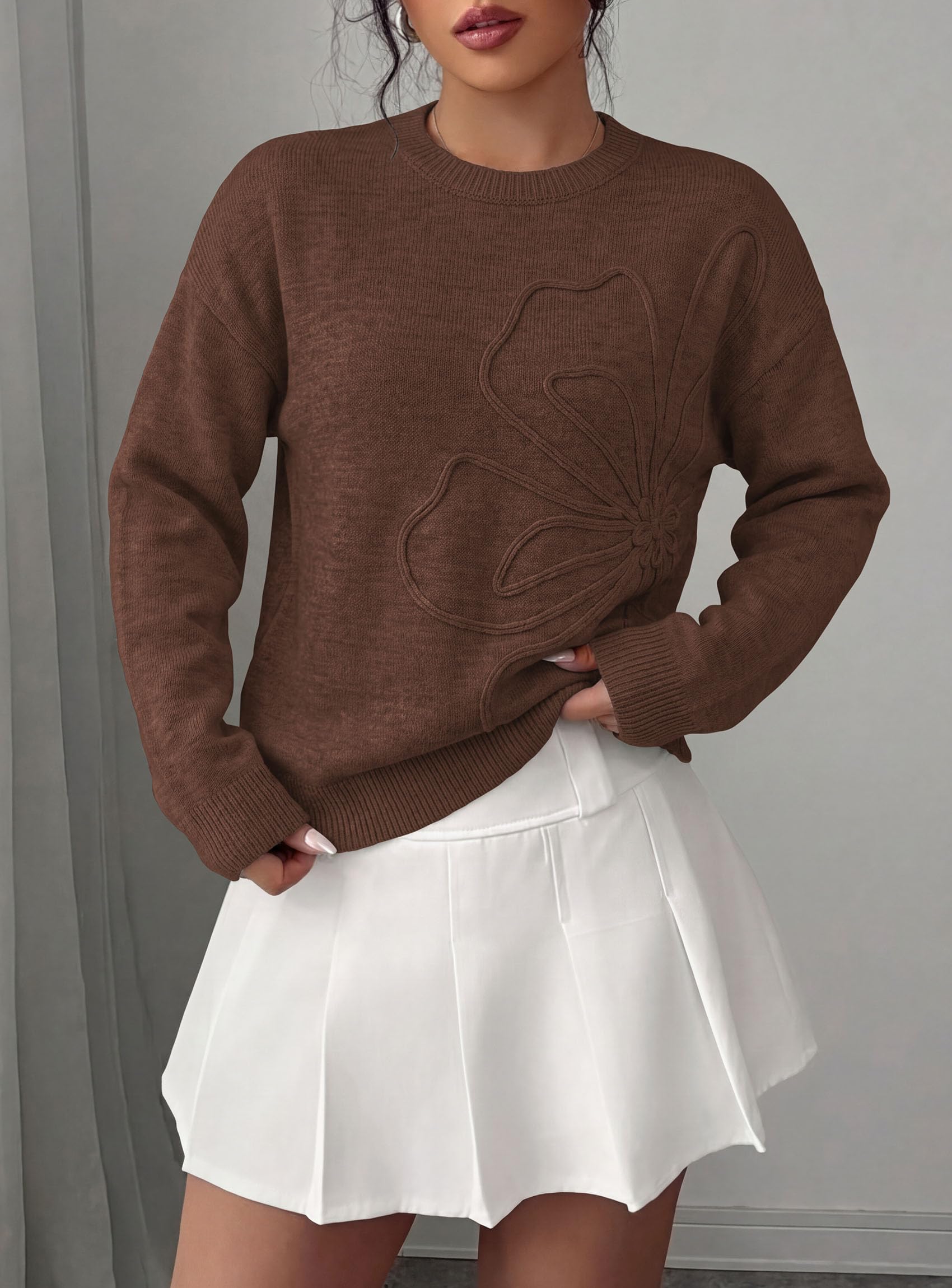 Sweaters for Women Fall Fashion Embroidered Floral Knit Tops