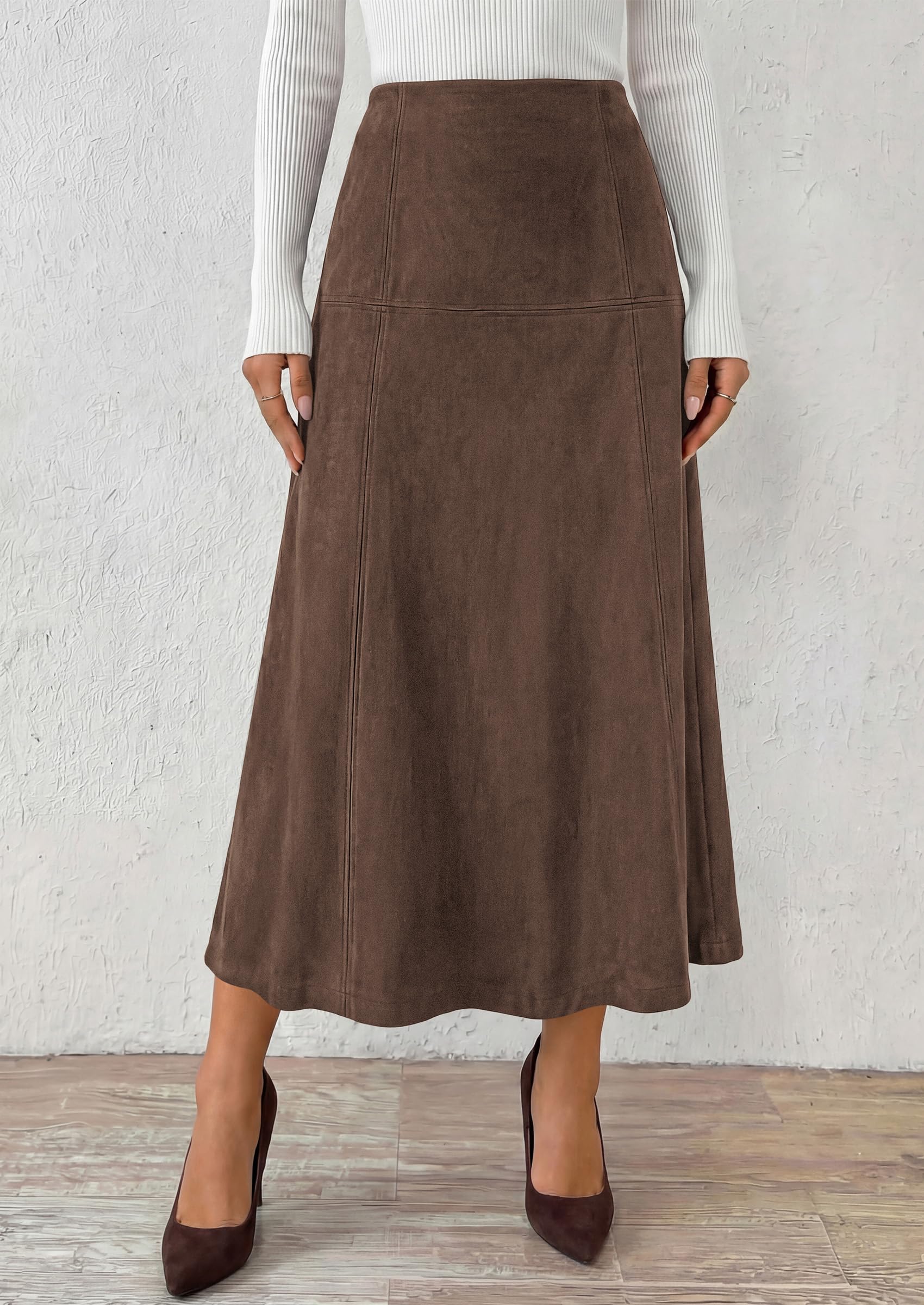 Womens High Waist Faux Suede A Line Midi Skirt,Dark Brown,XL