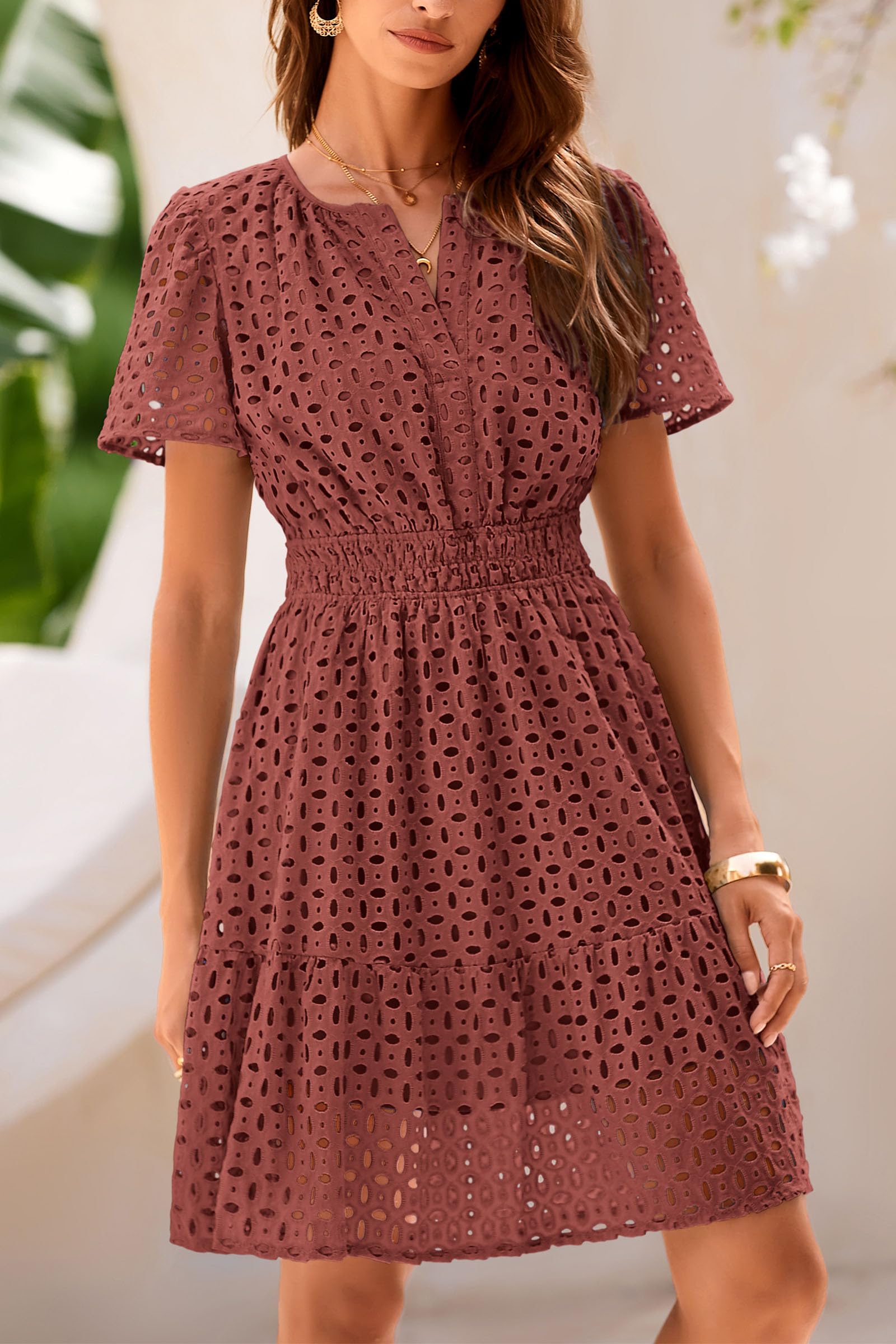 Womens 2025 Summer Short Dress V Neck Short Sleeve A Line Hollow Out Lace Ruffle Cute Casual Beach Party Dresses (Brown Red,Small)