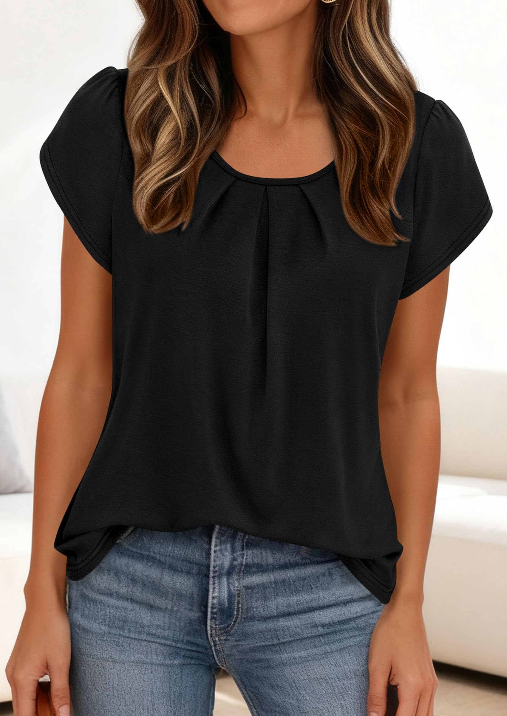 Women's Summer Short Sleeve Tops Casual Blouses,Black,S