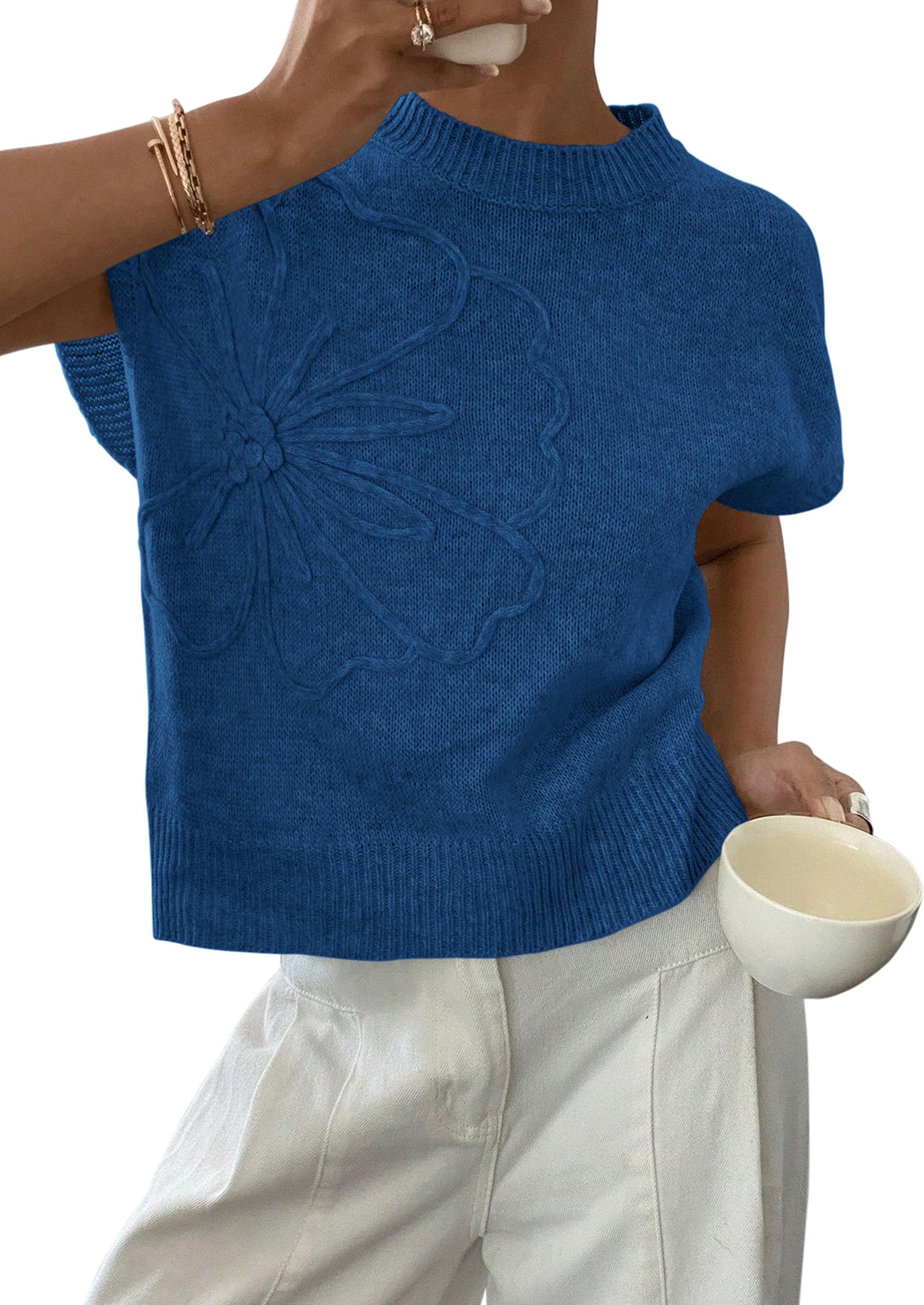 Women's Summer Short Cap Sleeve Sweater Vest (Dark Blue,S)