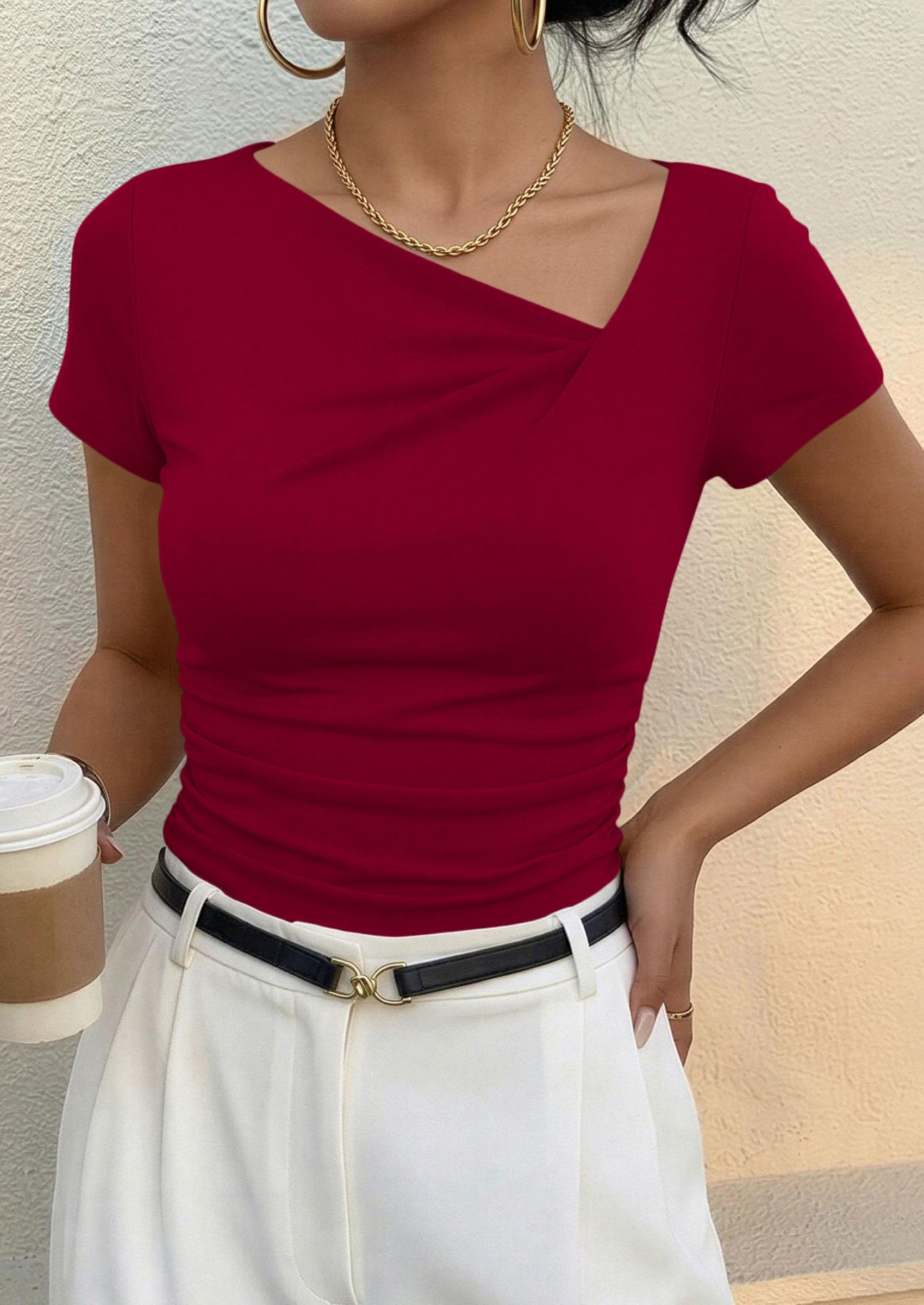 Women's Summer Trendy Asymmetrical Y2K Tops (Red,L)