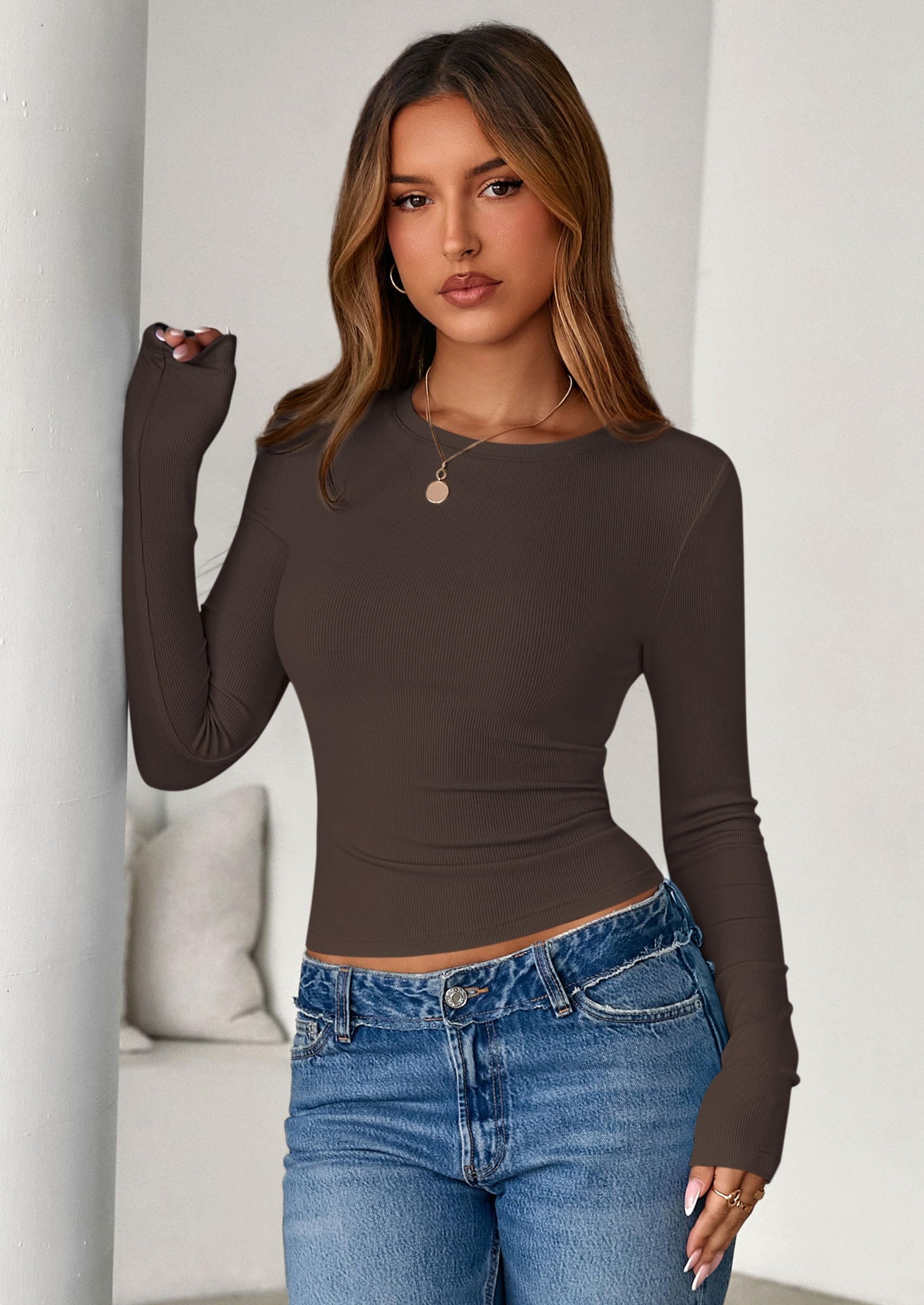 Women's Fall Long Sleeve Shirts Basic Tees (Dark Brown,XS)