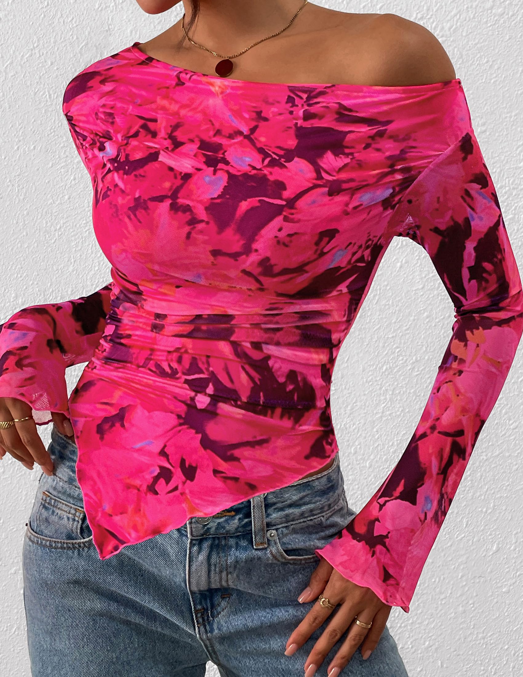 Womens Off Shoulder Mesh Y2k Tops,Floral Rose Red,XS