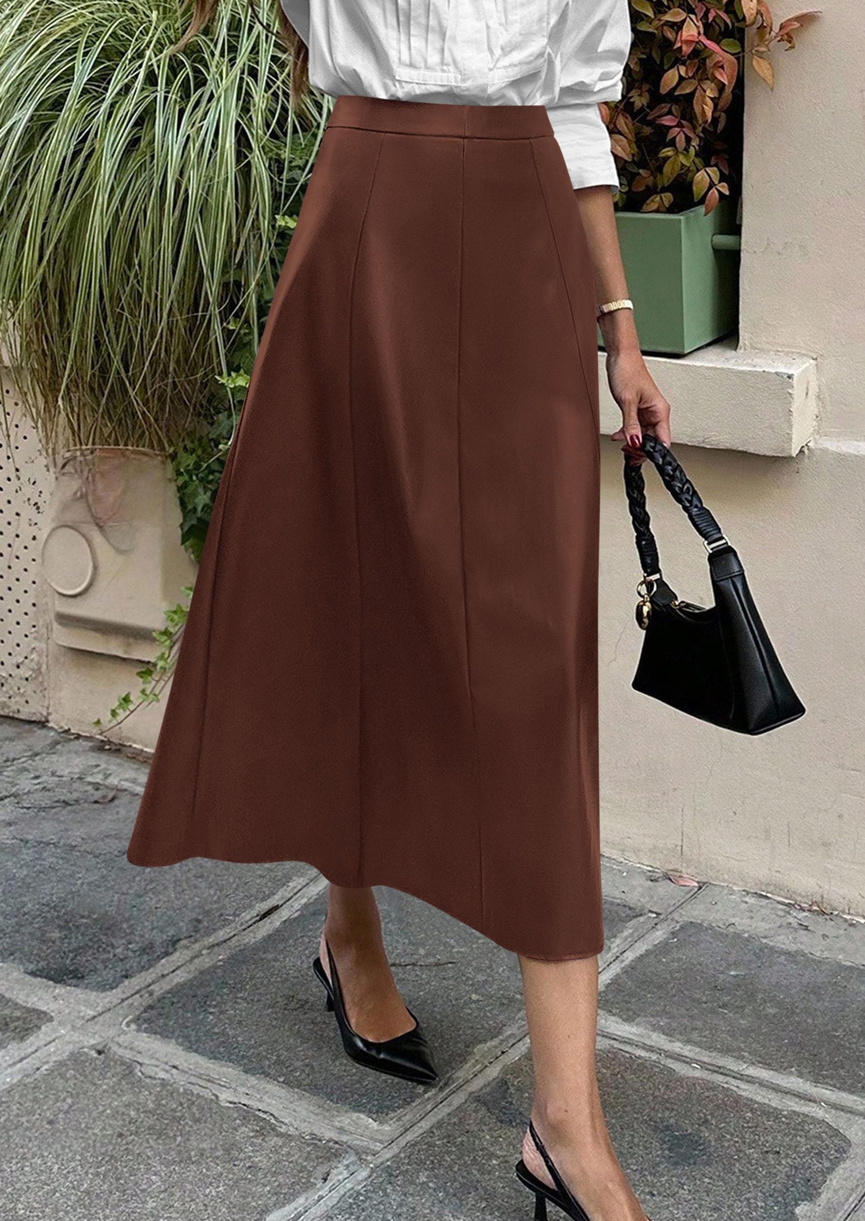 Womens Faux Leather High Waisted Midi Skirt,Coffee,S