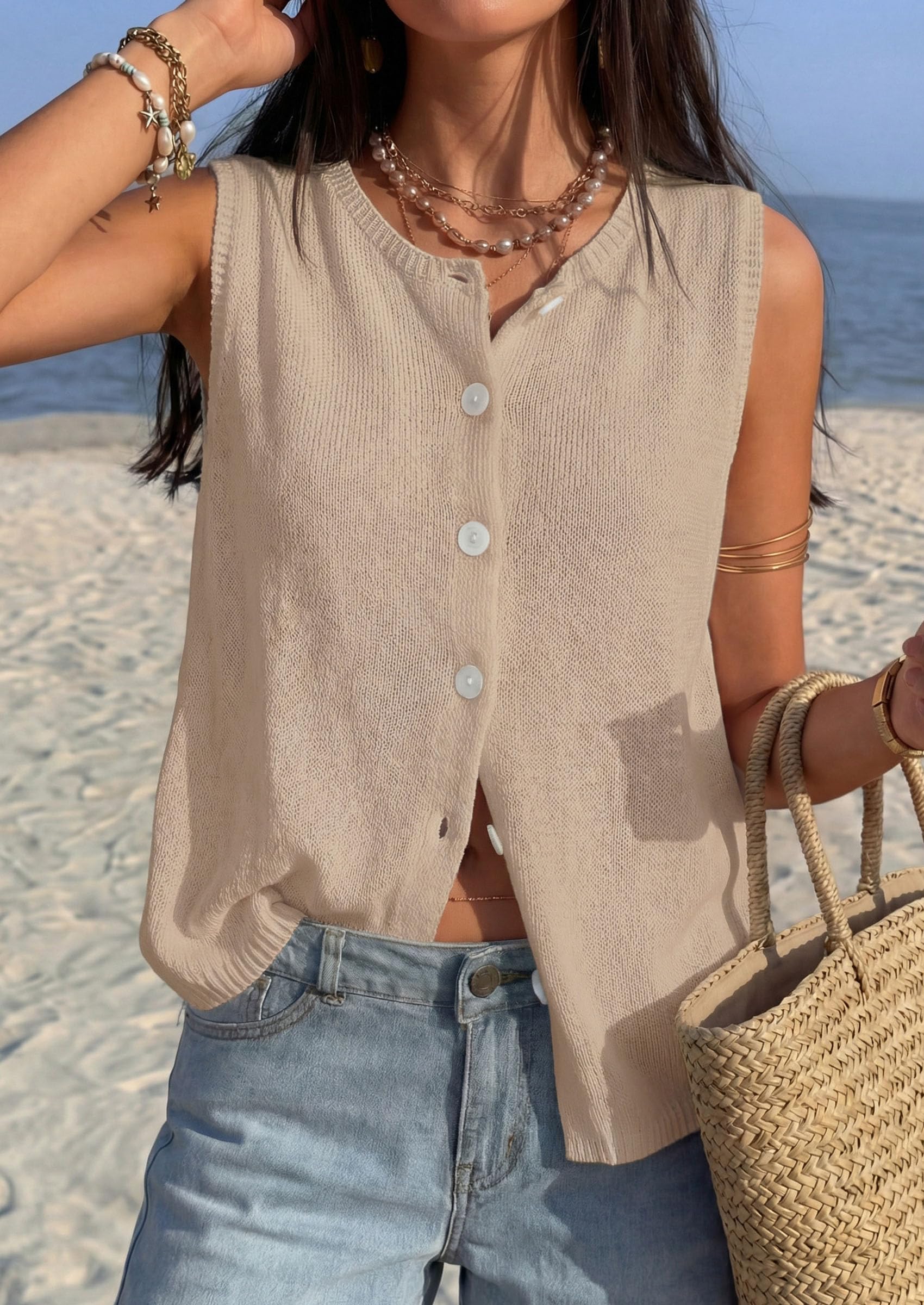 Women's Summer Button Up Sweater Vest Tops,Khaki,S