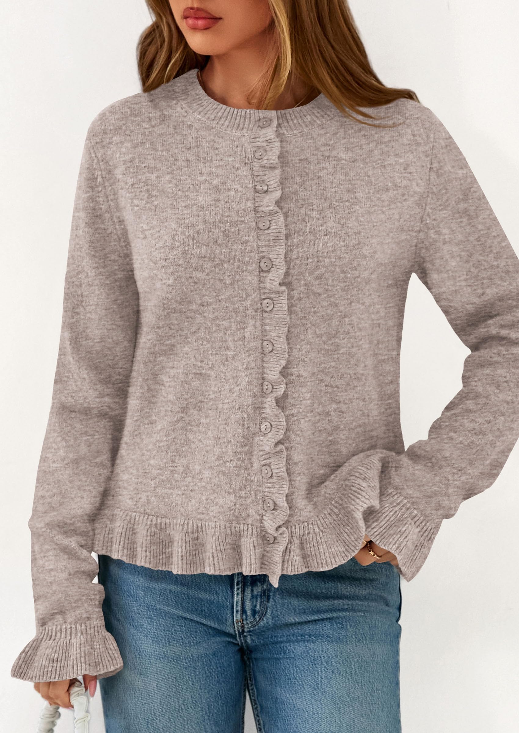 Womens Ruffle Button Down Cardigan Sweaters,Oatmeal,S