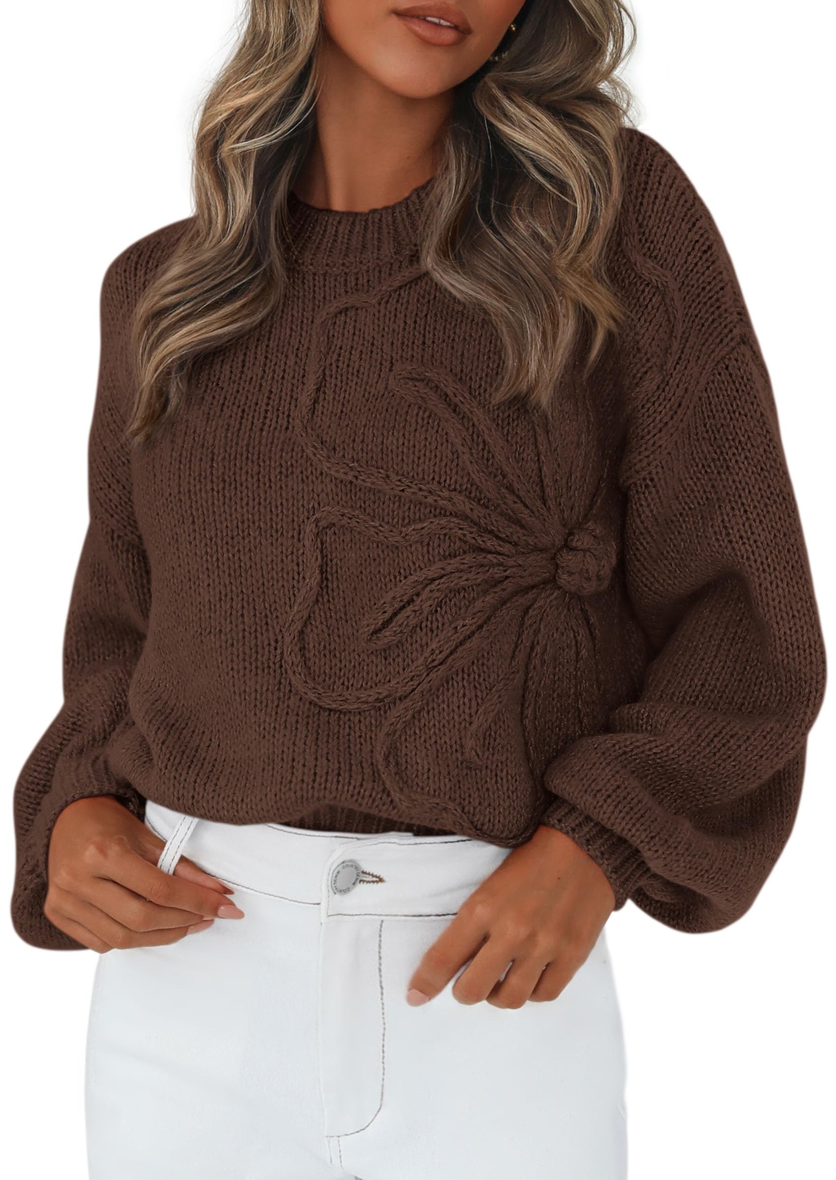 Women's Oversized 3D Floral Knit Sweater,Brown,S