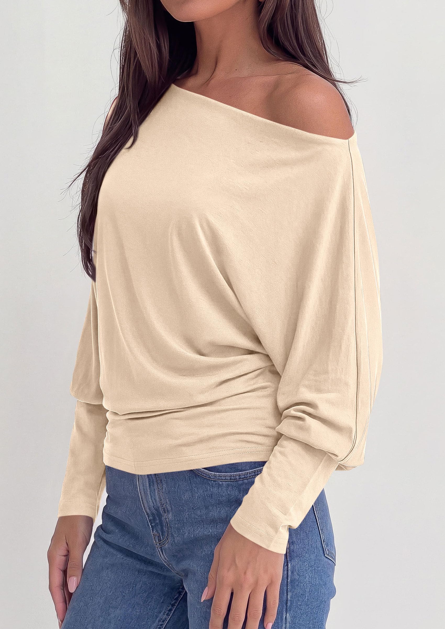 Womens Off The Shoulder Batwing Long Sleeve Top,Beige,S