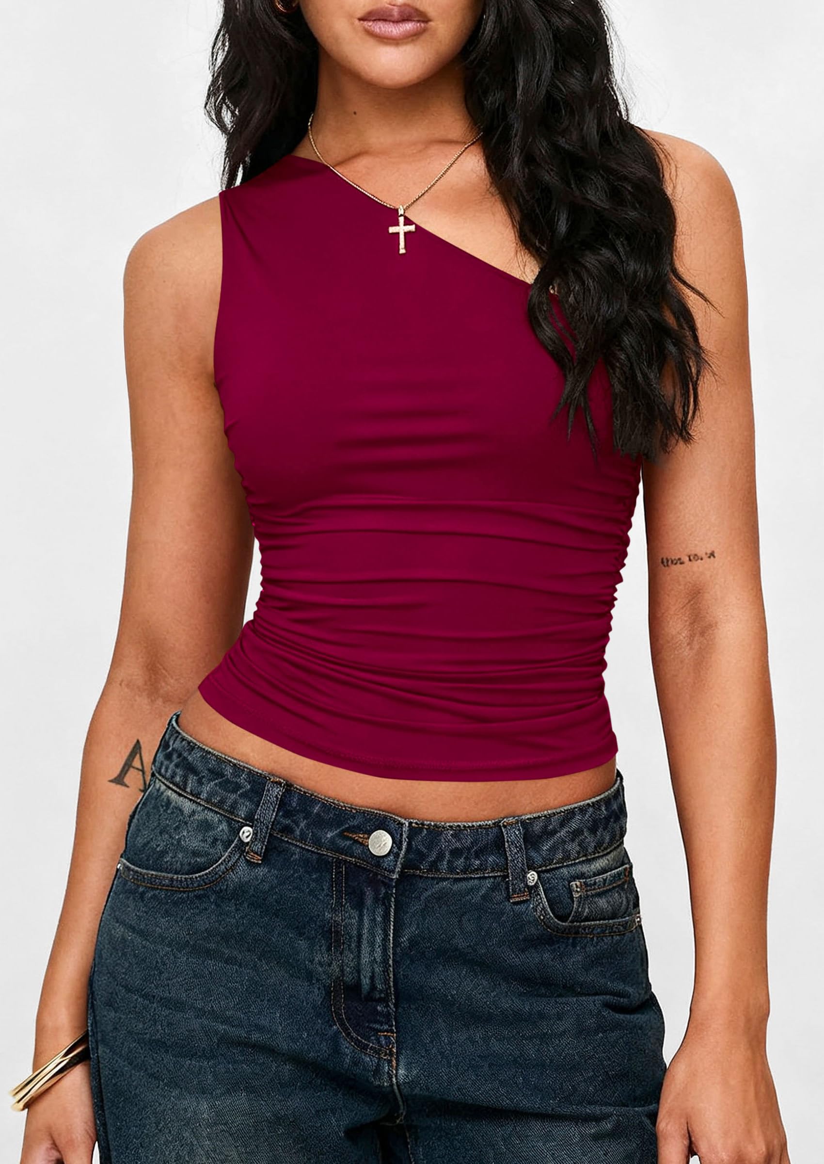 Womens Sleeveless One Shoulder Fitted Y2k Tops,Wine Red,XS