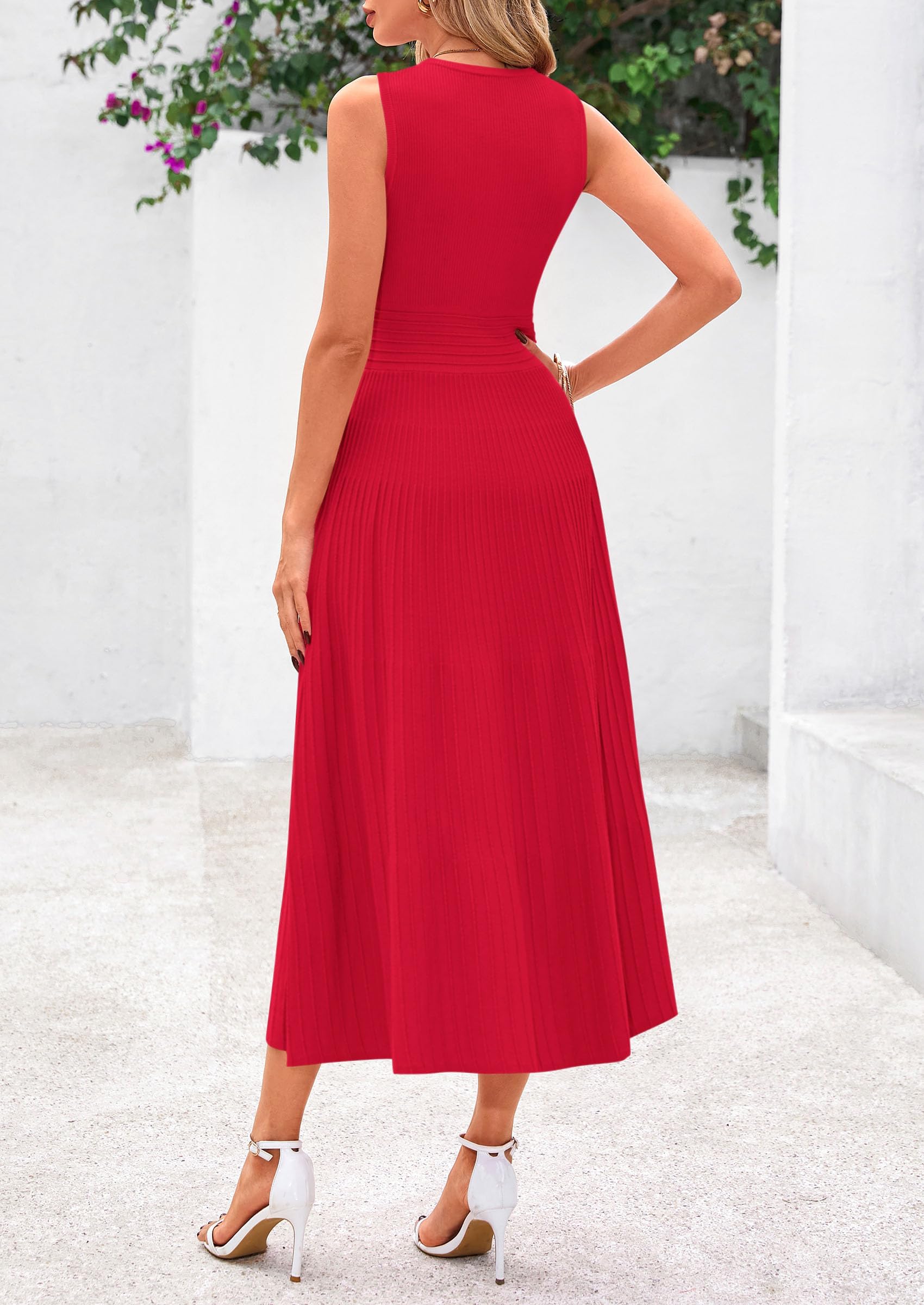 Women's Summer Pleated Midi Work Dress,Red,S