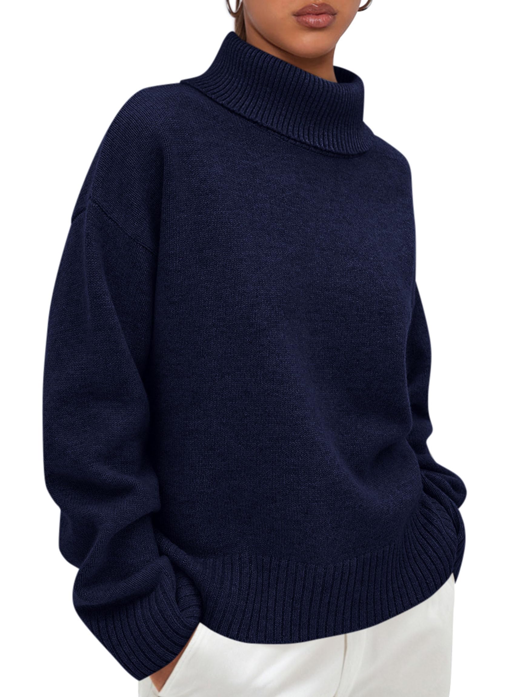 Womens Turtleneck Long Sleeve Knit Sweater,Navy Blue,S