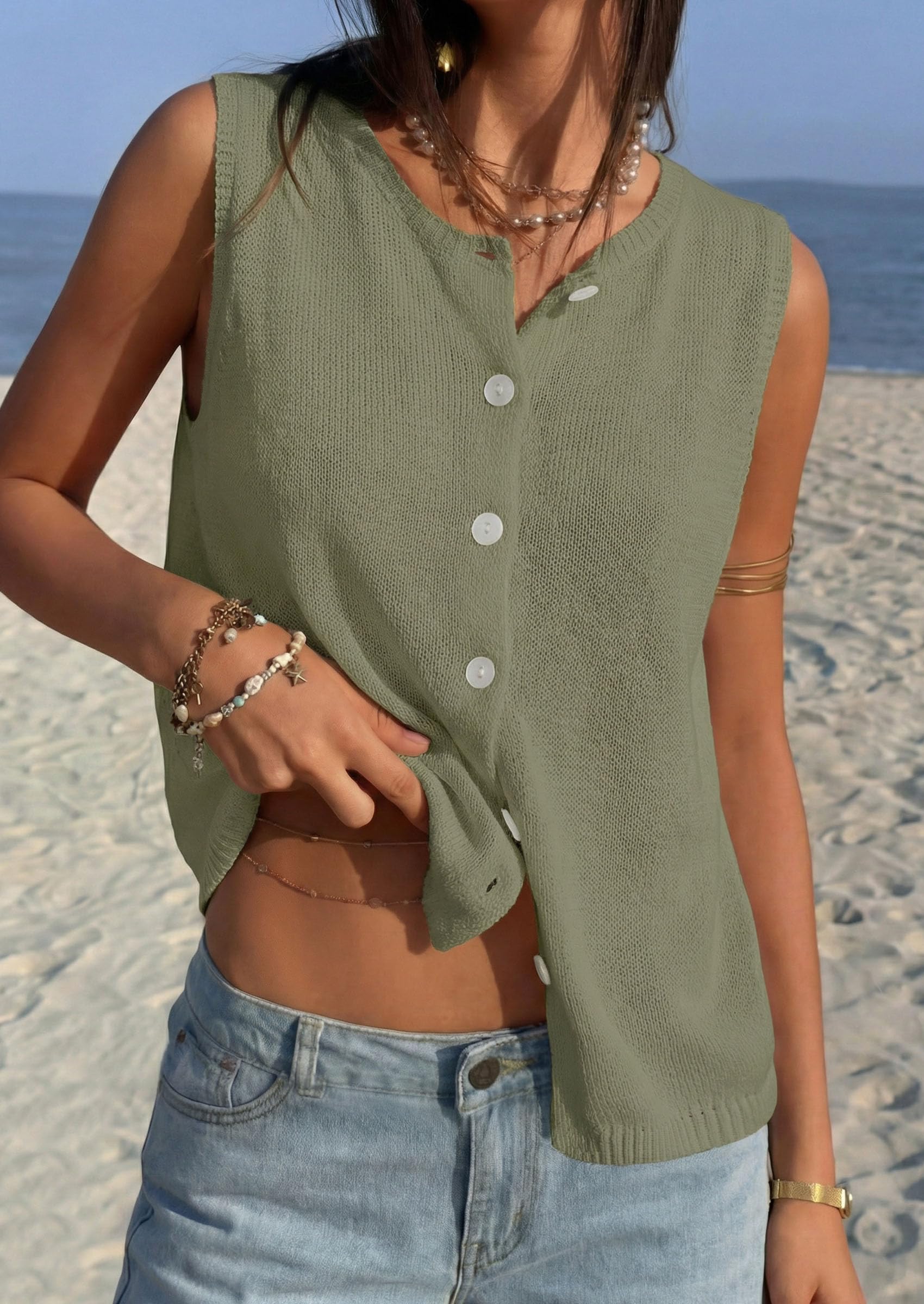 Women's Summer Button Up Sweater Vest Tops,Army Green,S