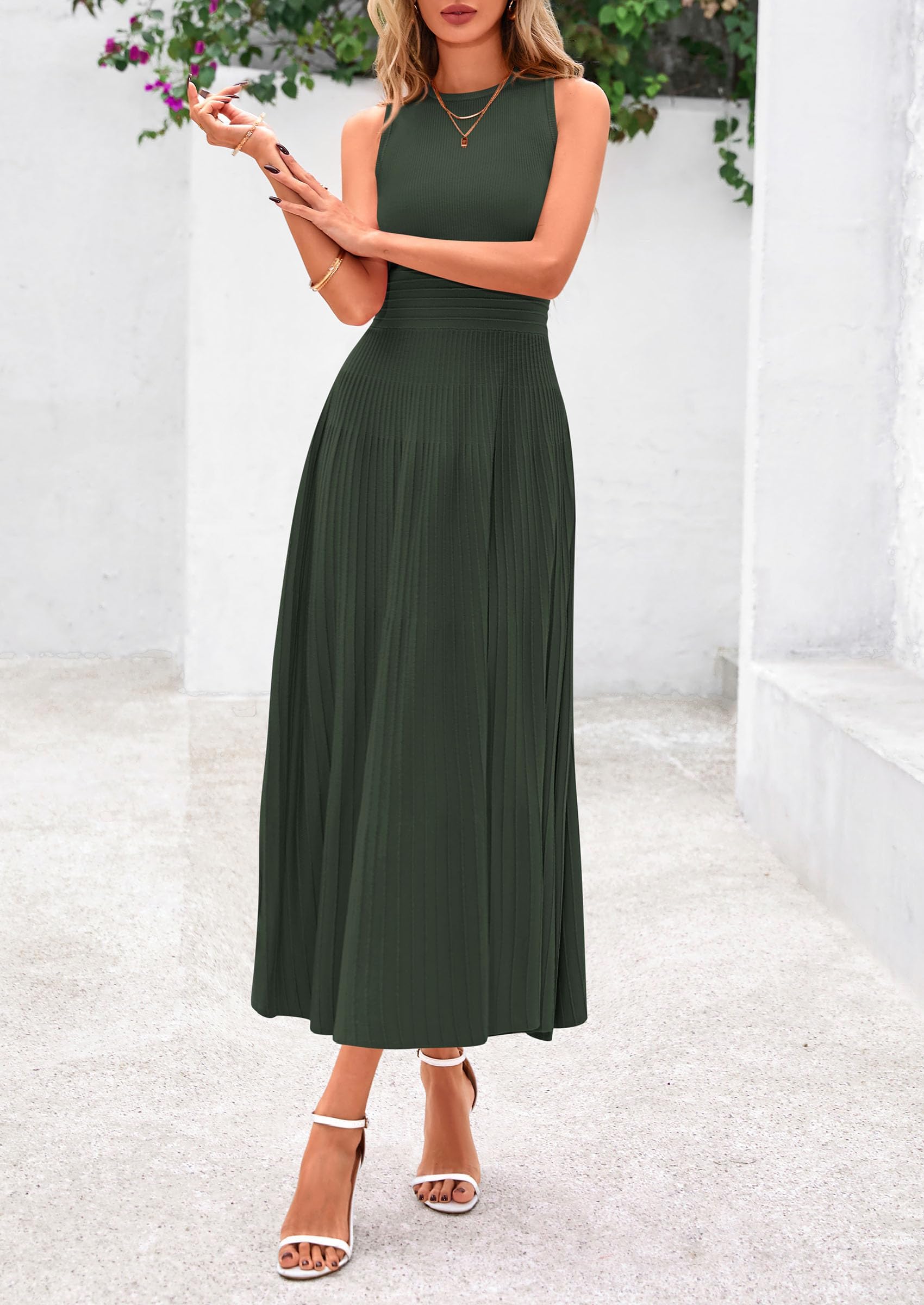 Women's Summer Pleated Midi Work Dress,Army Green,S