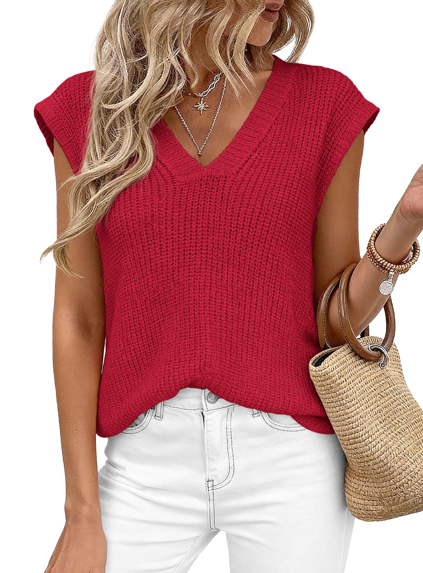 Women's Cap Sleeve Sweaters Vest Summer Tops (Red,S)