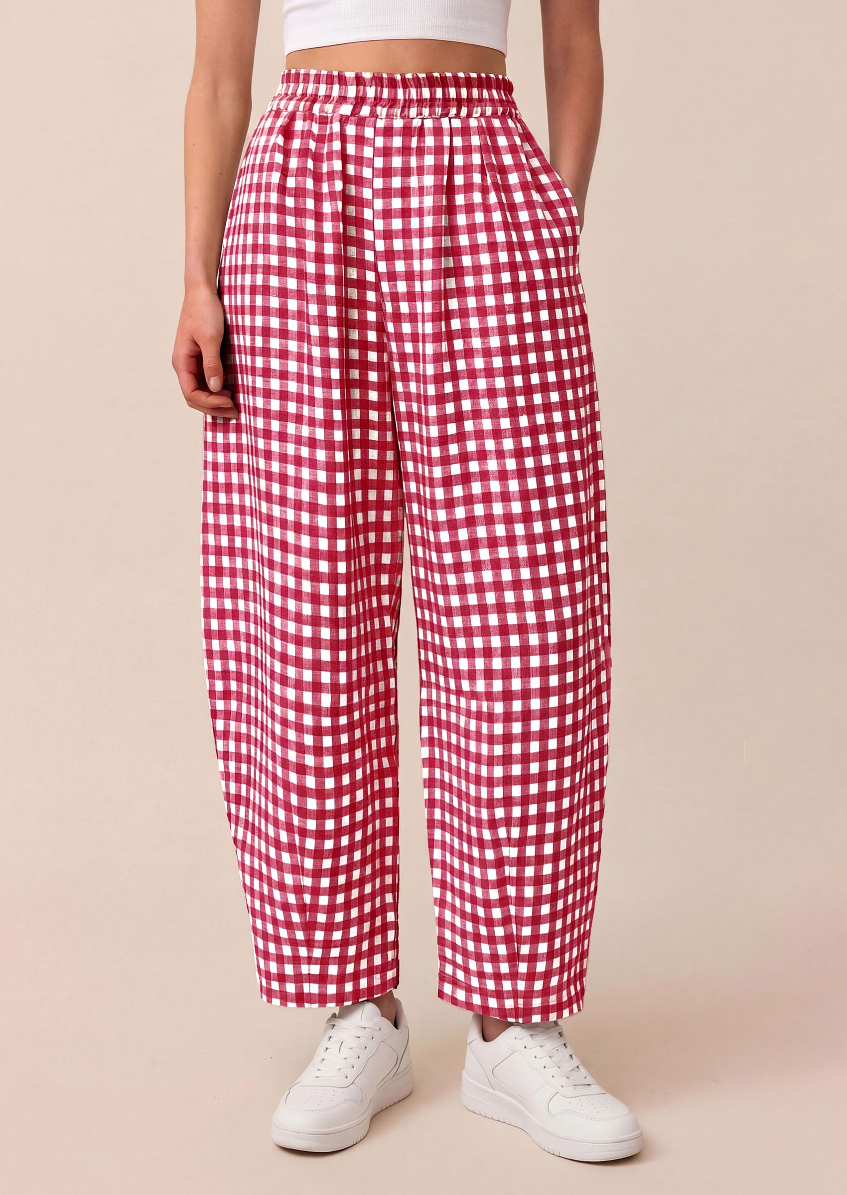 Plaid Barrel Pants Women Summer Bottoms, Red Plaid,S