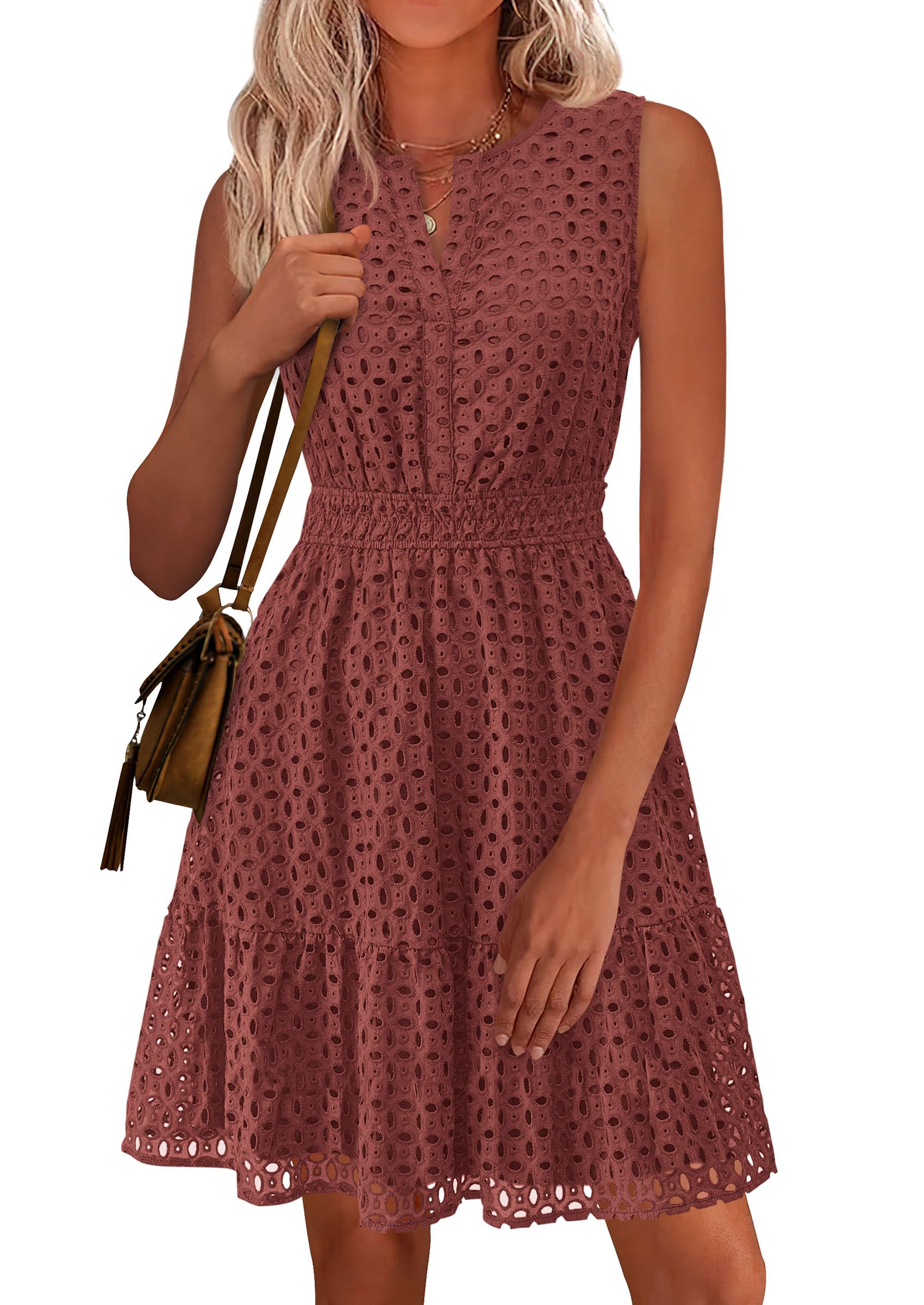 Women's Summer Eyelet A Line Short Dresses,Brown,S