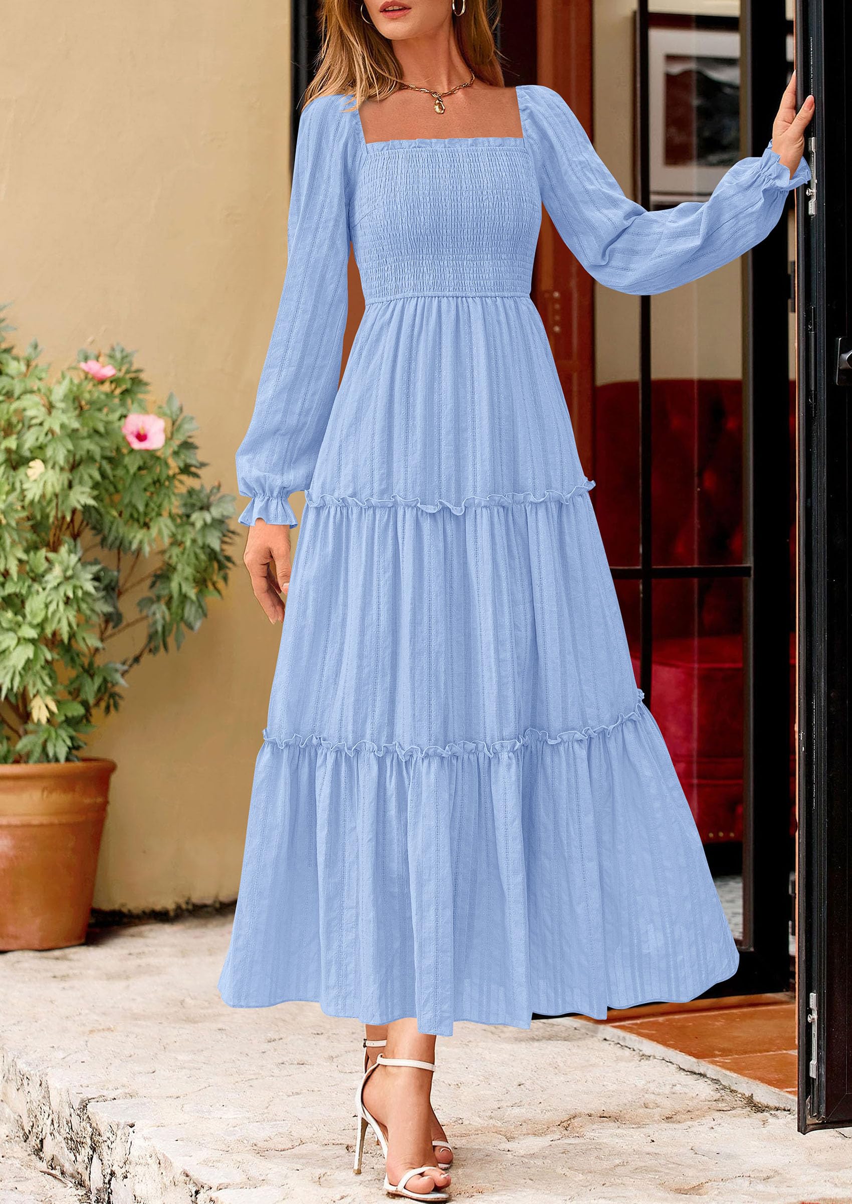 Women's Long Sleeve Ruffle Flowy Maxi Dress,Light Blue,M