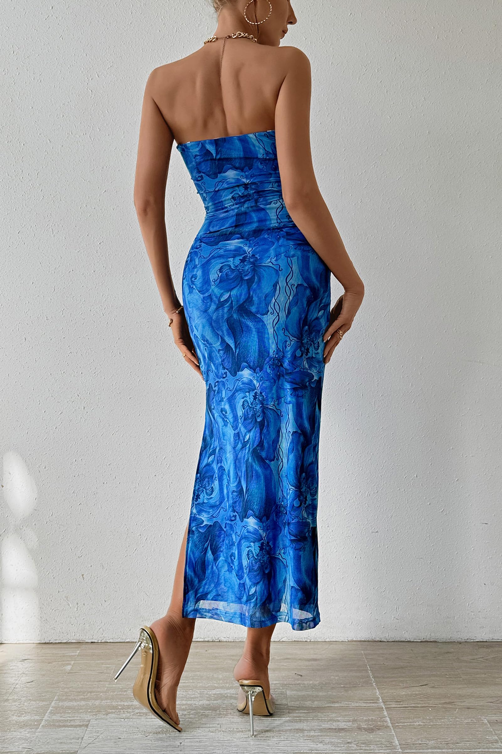 Womens Strapless Bodycon Maxi Dress, Print Brilliant Blue,S