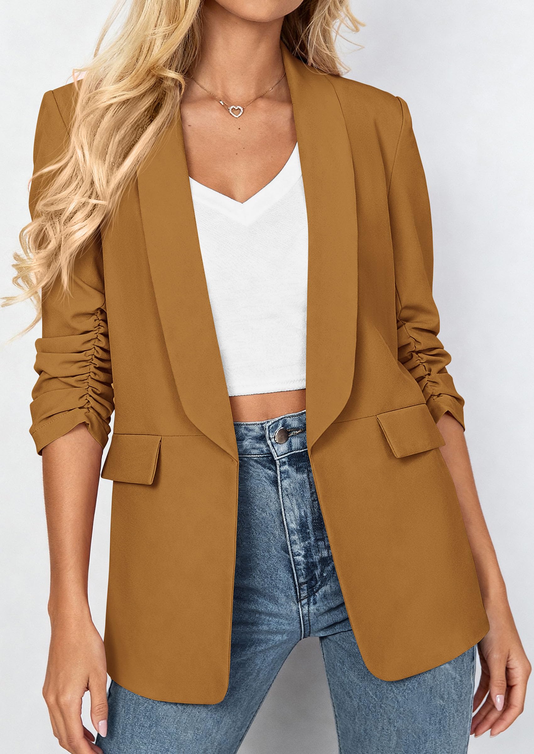Women's Summer Blazers Business Casual Outfits Brown Yellow,XS