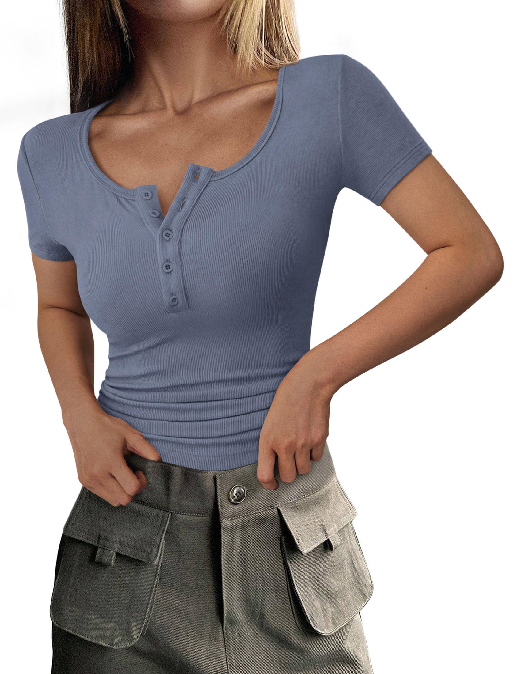 Women's Summer Tops Henley Tee Shirts (Blue Grey,X-Small)