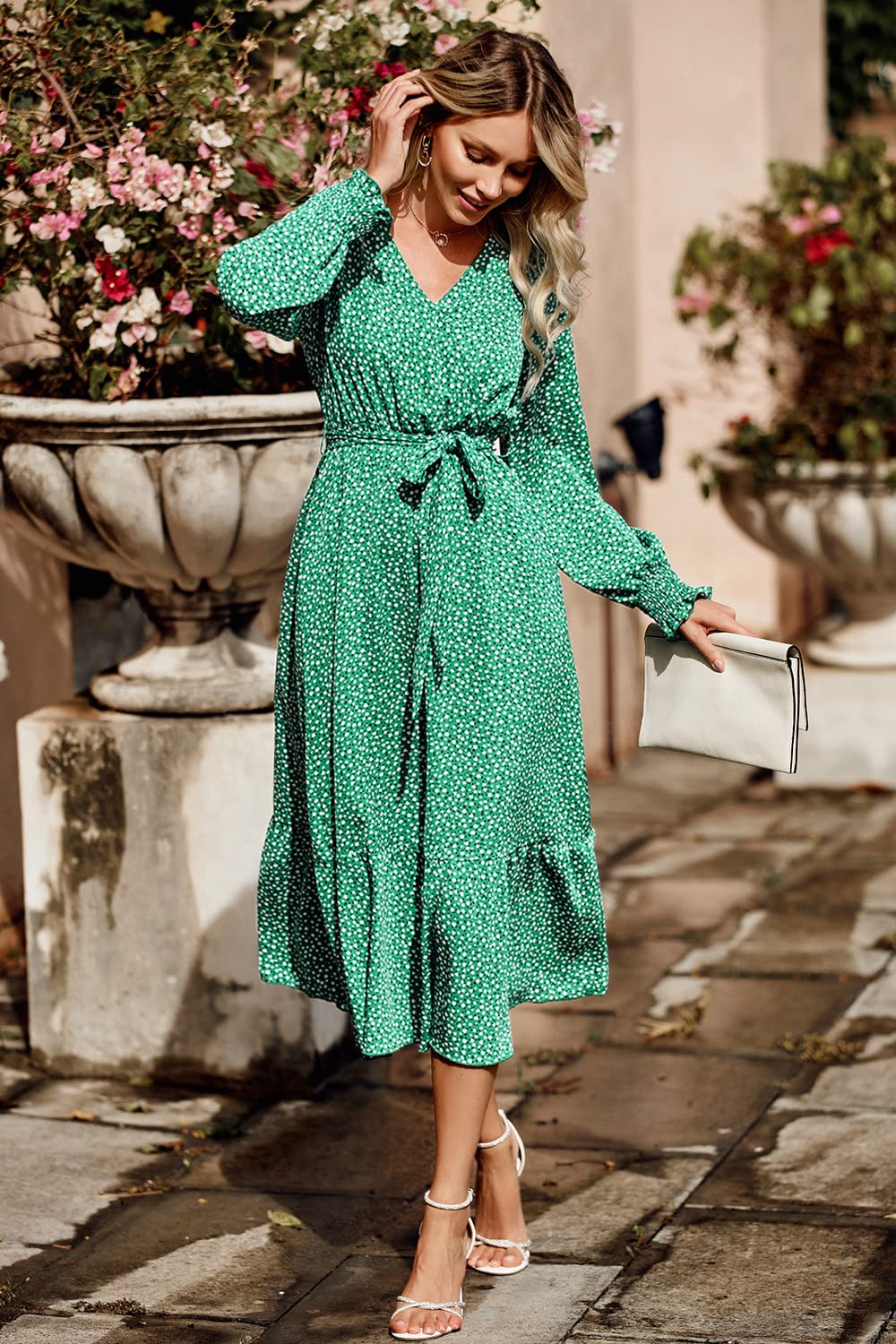 Women's Floral Boho Long Sleeve Maxi Dress, B_Green,S