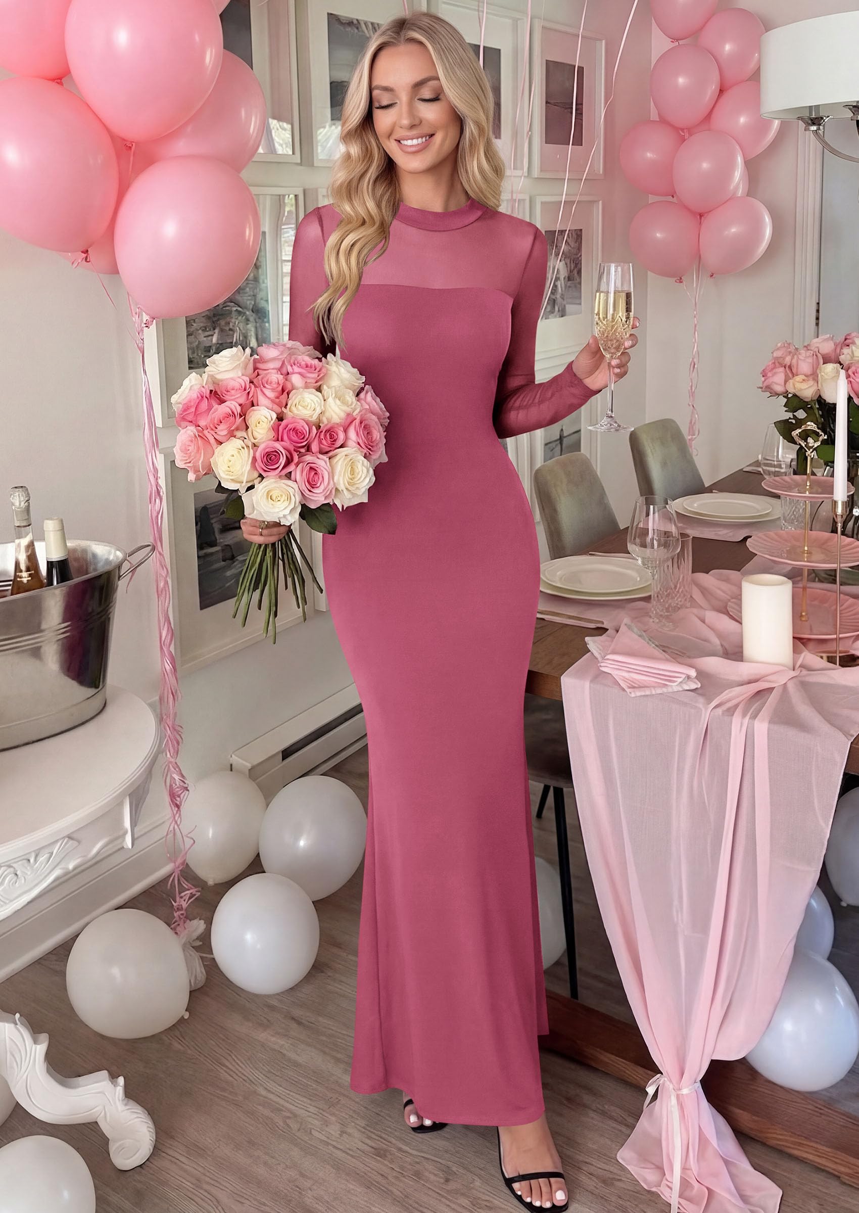Women's Long Sleeve Formal Mesh Fall Wedding Guest Maxi Dress
