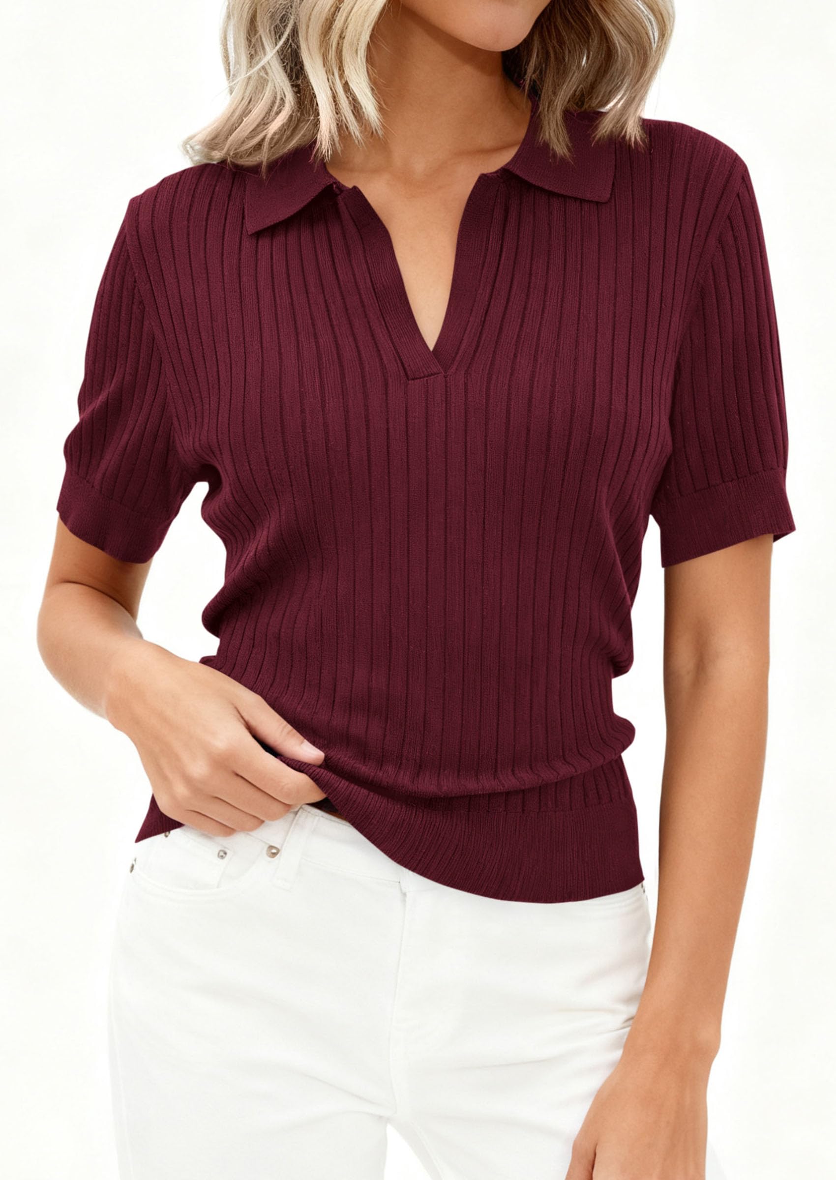 Women's Short Sleeve Sweater Polo Shirts,Dark Burgundy,XS
