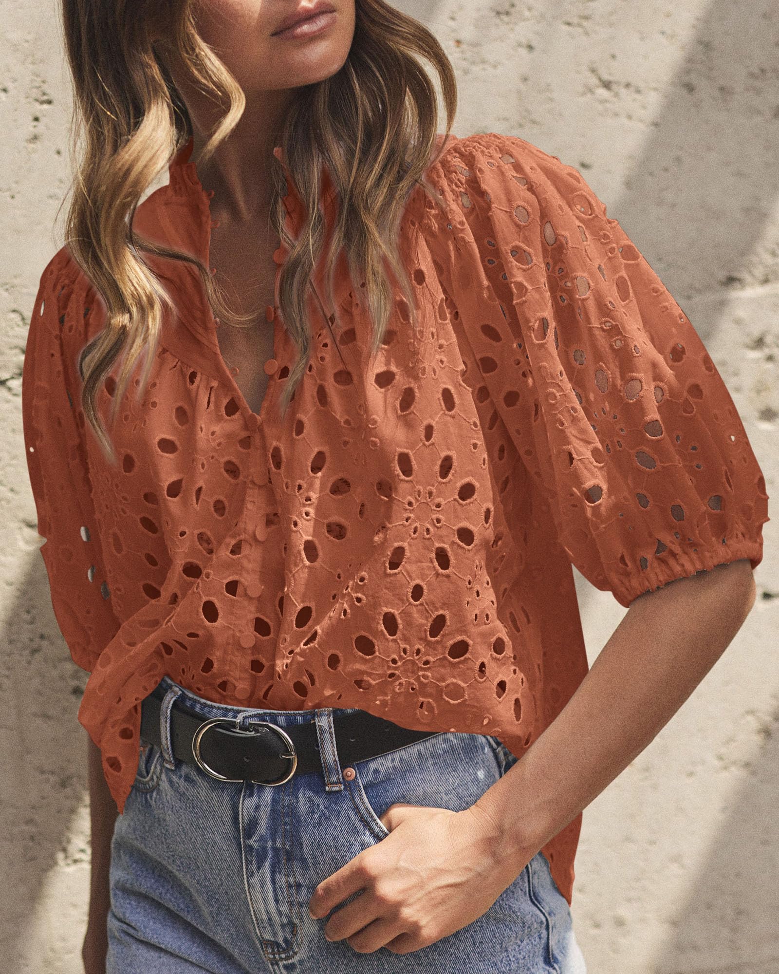 Womens Tops Boho Eyelet Puff Sleeve Blouse, Brick Red,S