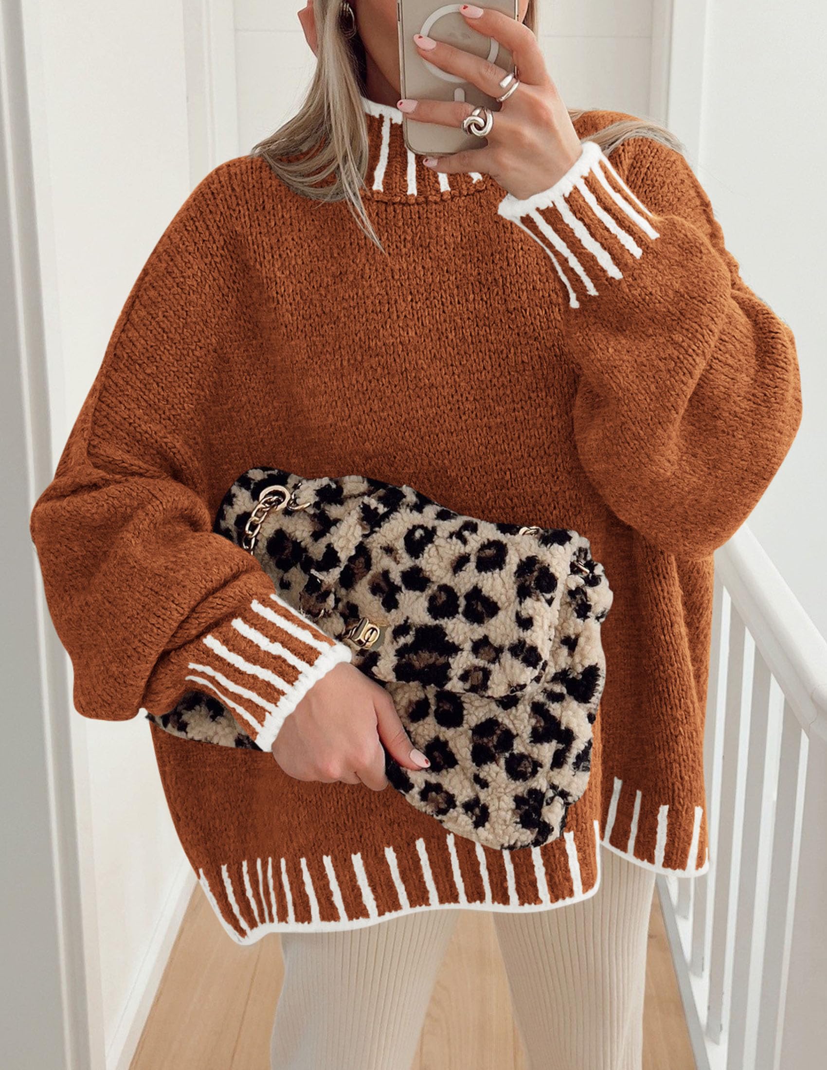 Women's Mock Neck Oversized Pullover Sweaters,Brick Red,XS