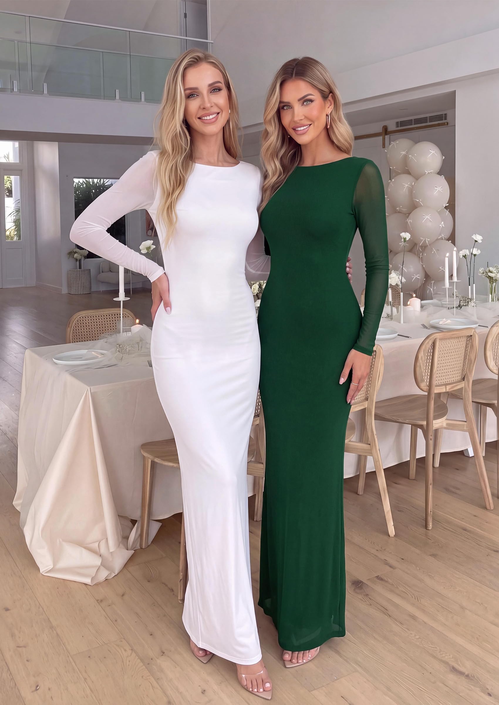Women's Mesh Long Sleeve Maxi Dress Fall Wedding Guest Dresses