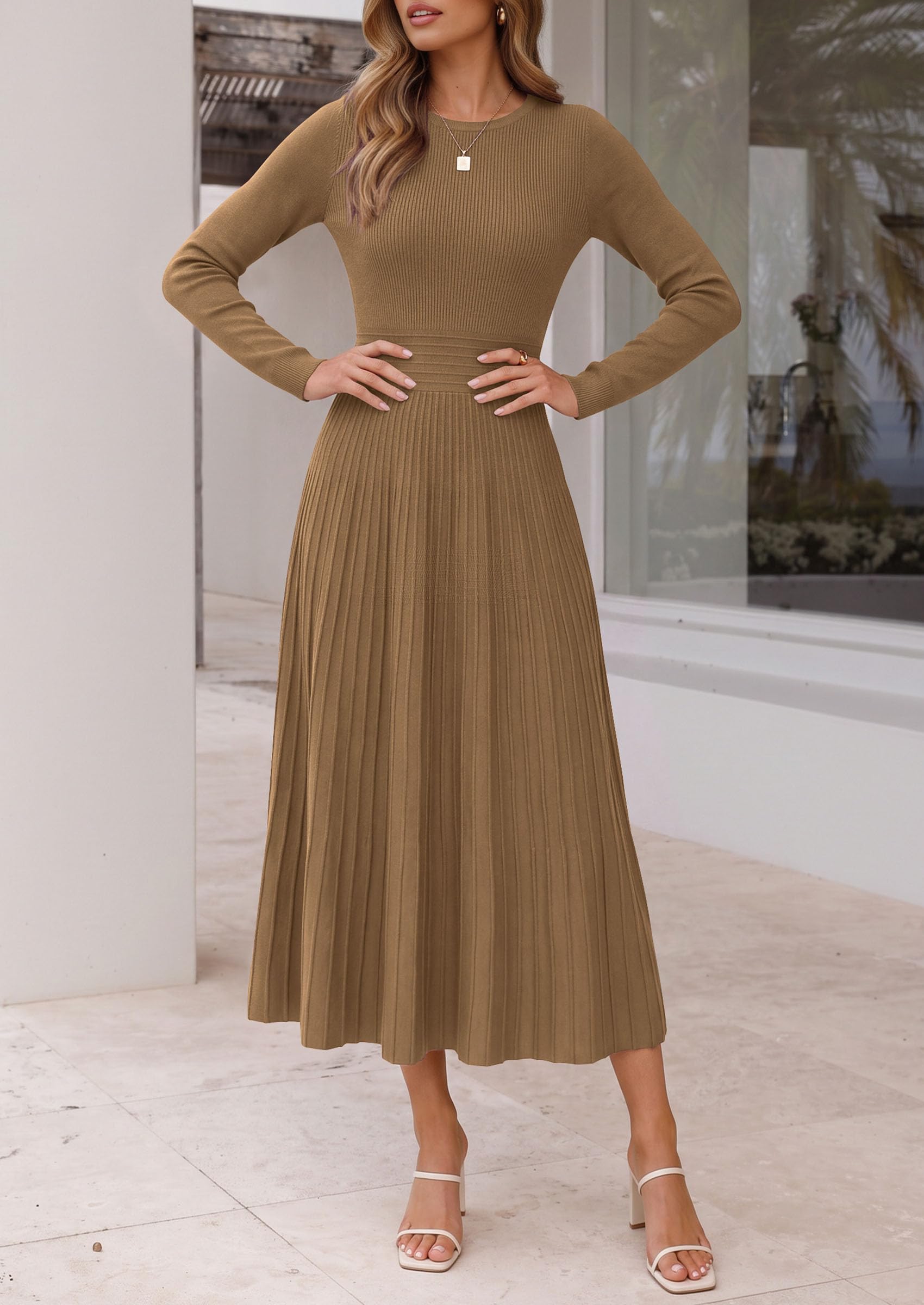 Women's Long Sleeve Knit Maxi Sweater Dress,Khaki,S